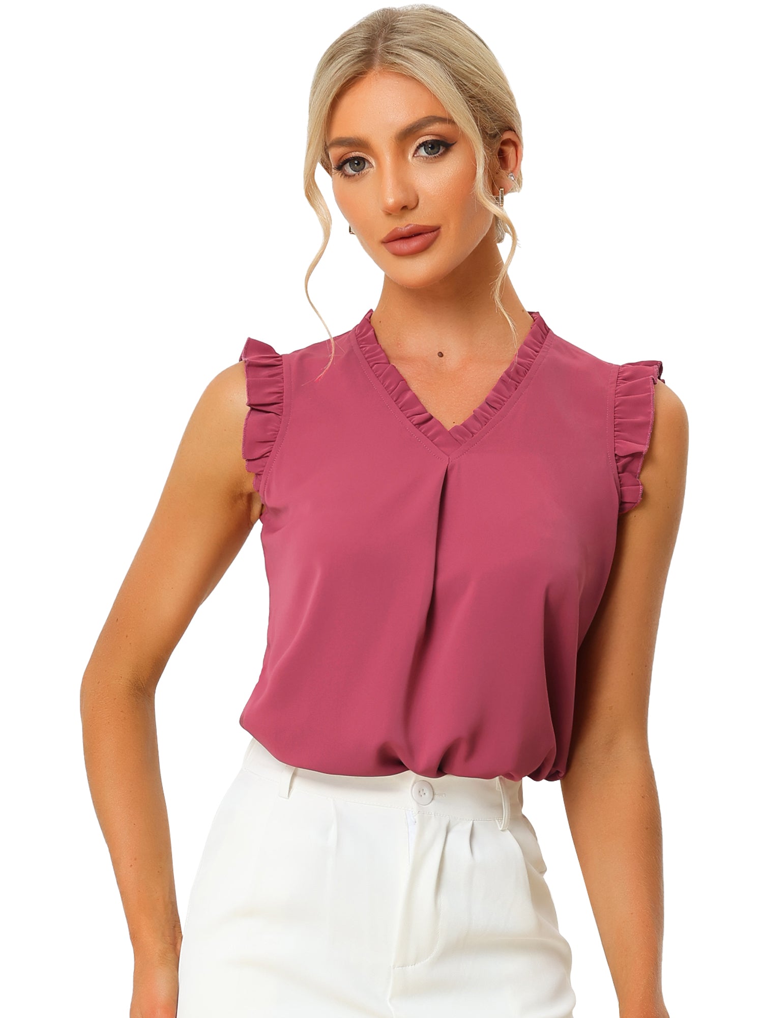 Ruffled Sleeveless Blouse 1950s Vintage Work Business Tops