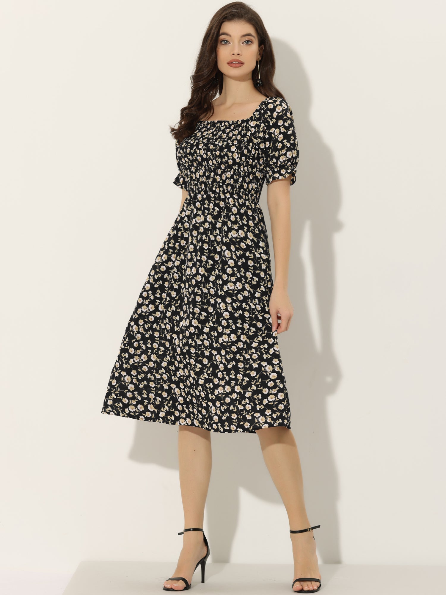 Square Neck Puff Sleeve Shirred Floral Casual Midi Dress