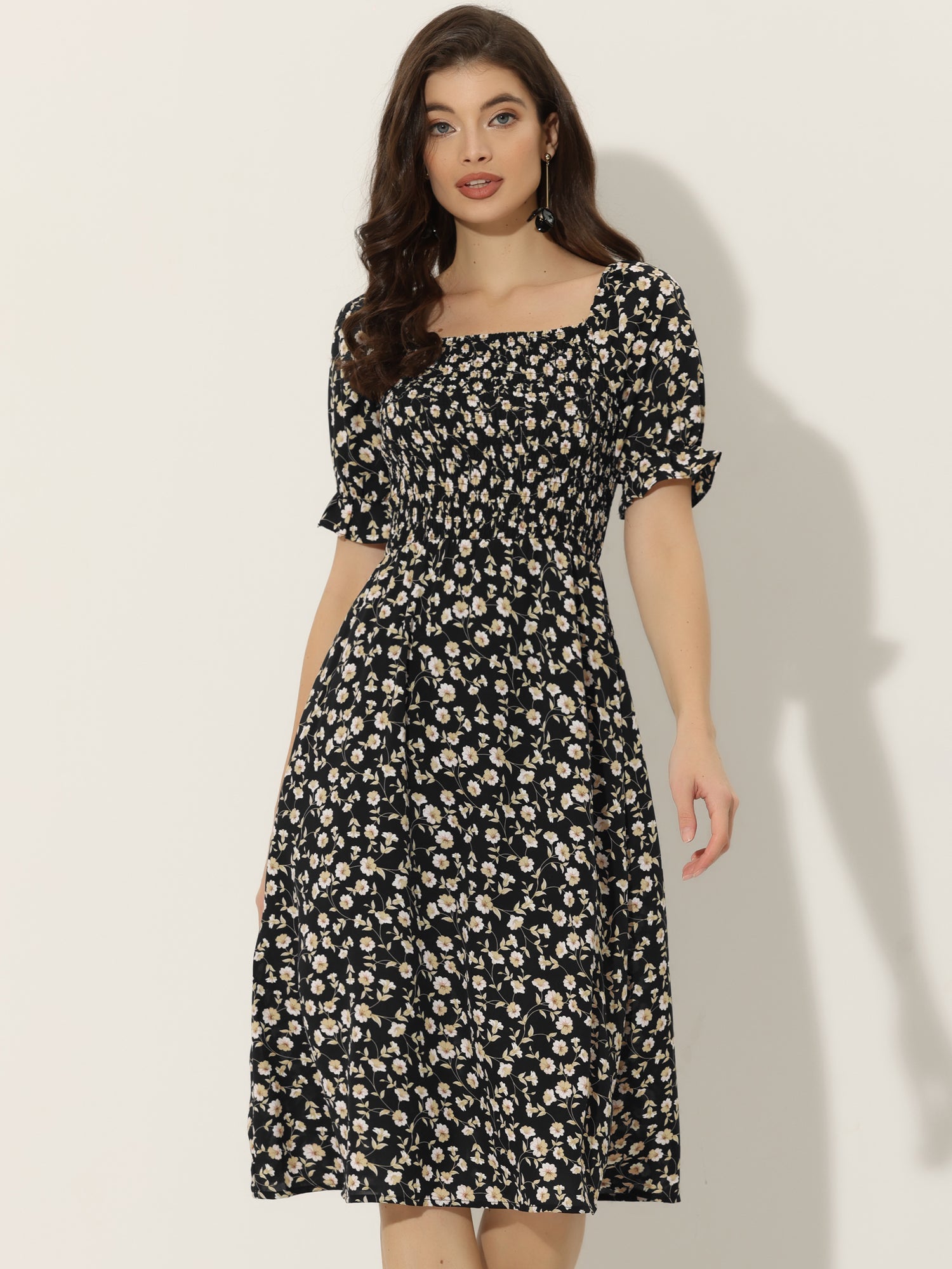 Square Neck Puff Sleeve Shirred Floral Casual Midi Dress