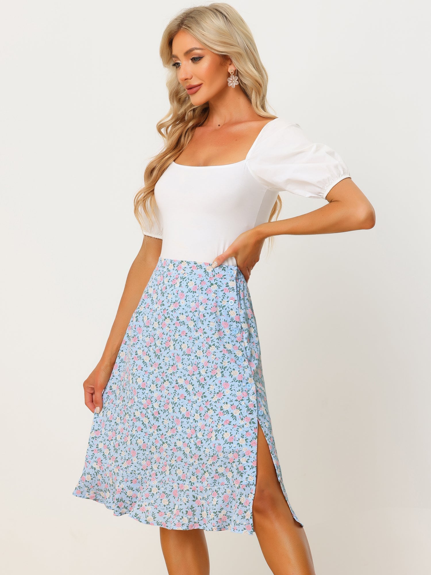 Floral Ruffle Elastic High Waist Button Flowy Split Midi Skirt