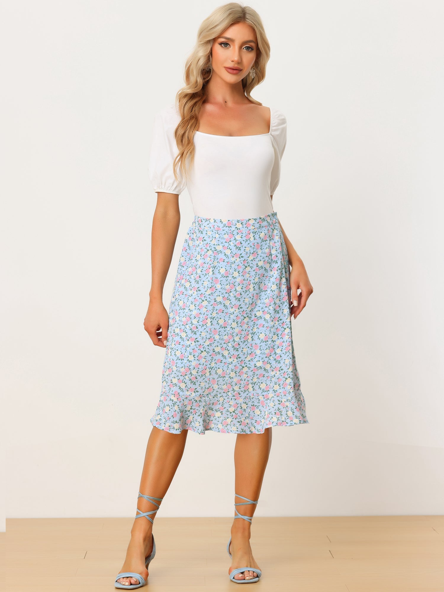 Floral Ruffle Elastic High Waist Button Flowy Split Midi Skirt