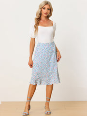 Floral Ruffle Elastic High Waist Button Flowy Split Midi Skirt