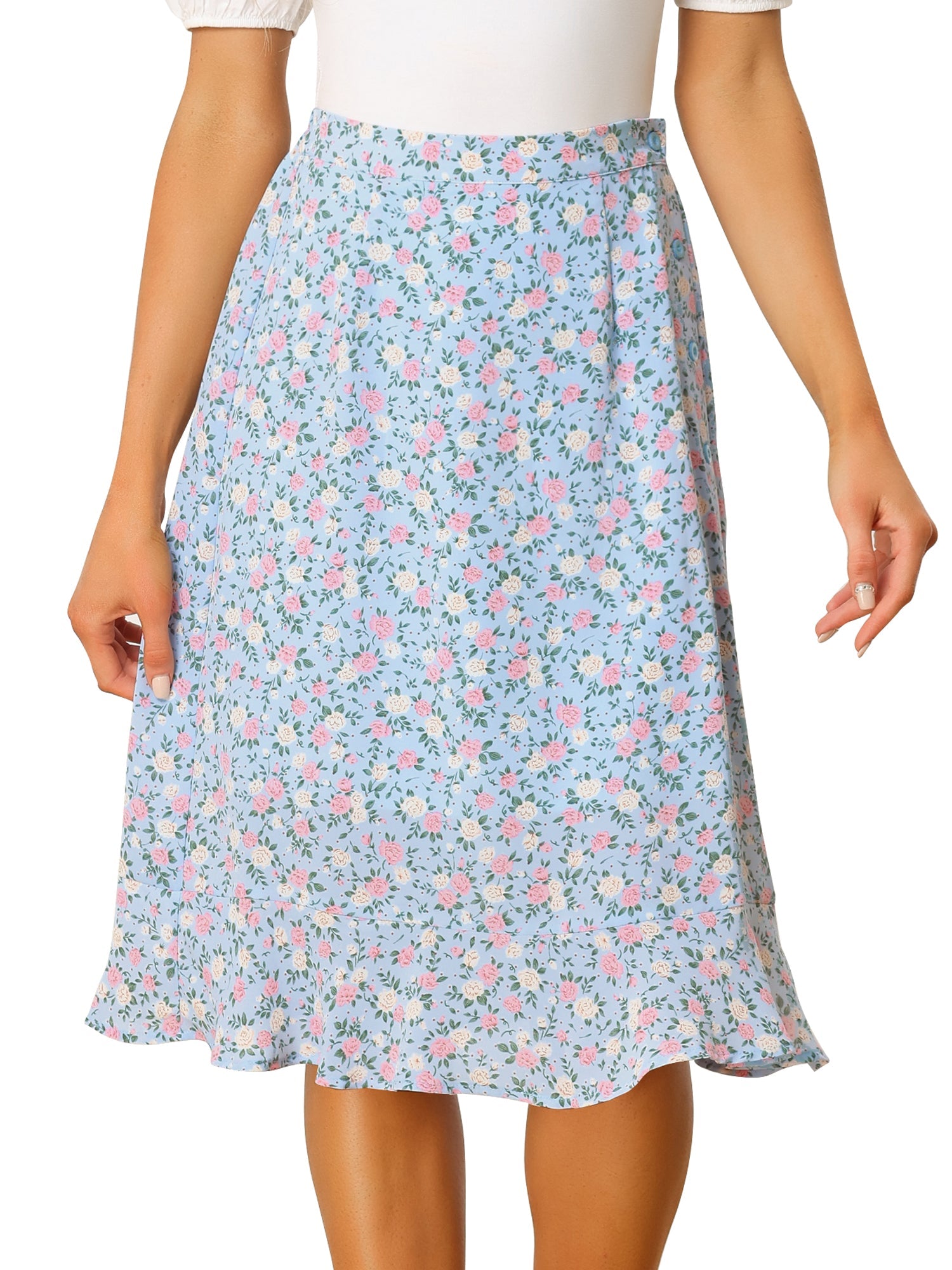 Floral Ruffle Elastic High Waist Button Flowy Split Midi Skirt