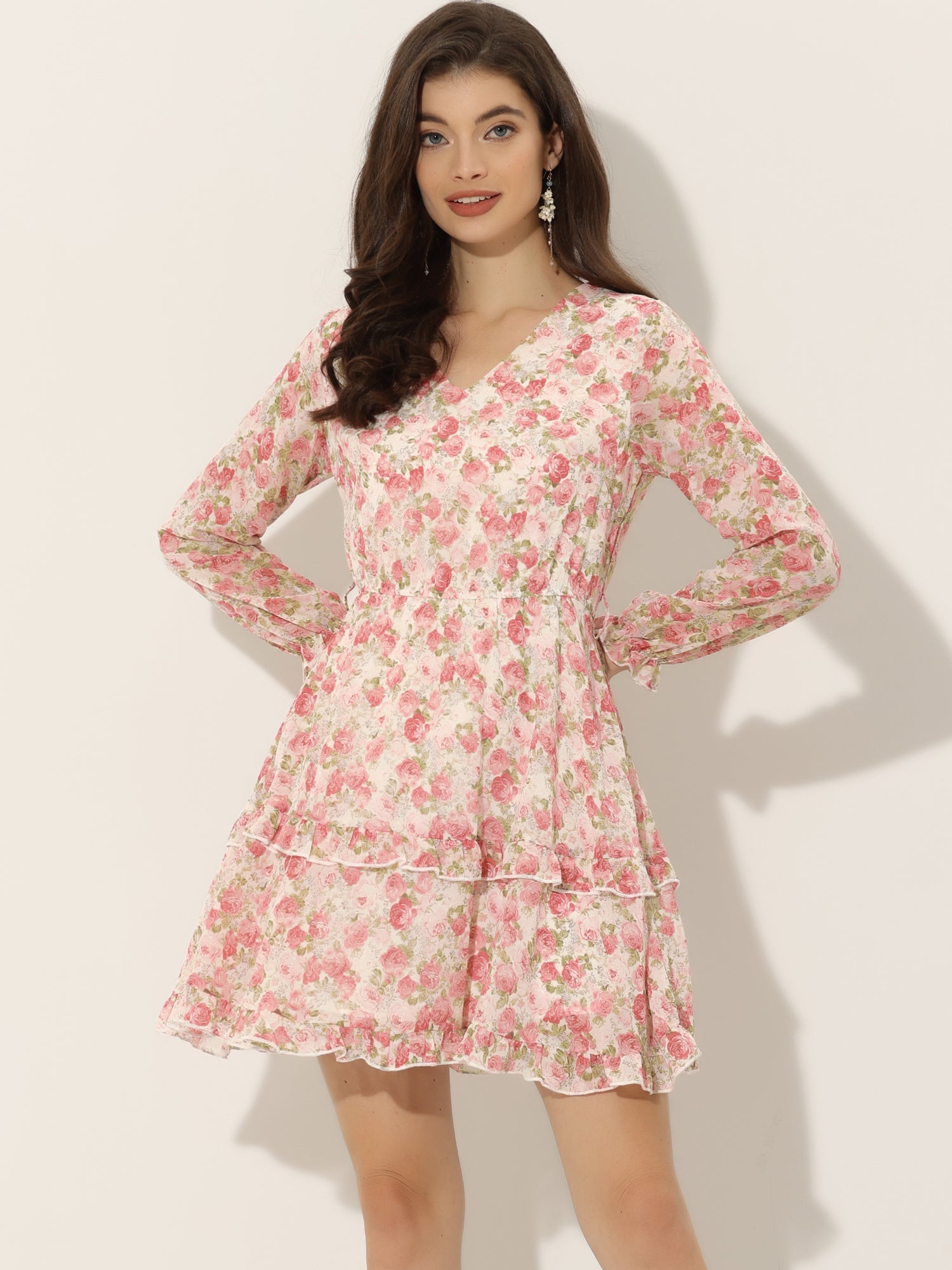Long Sleeve V Neck Elastic Waist Ruffle Hem Chiffon Floral Dress