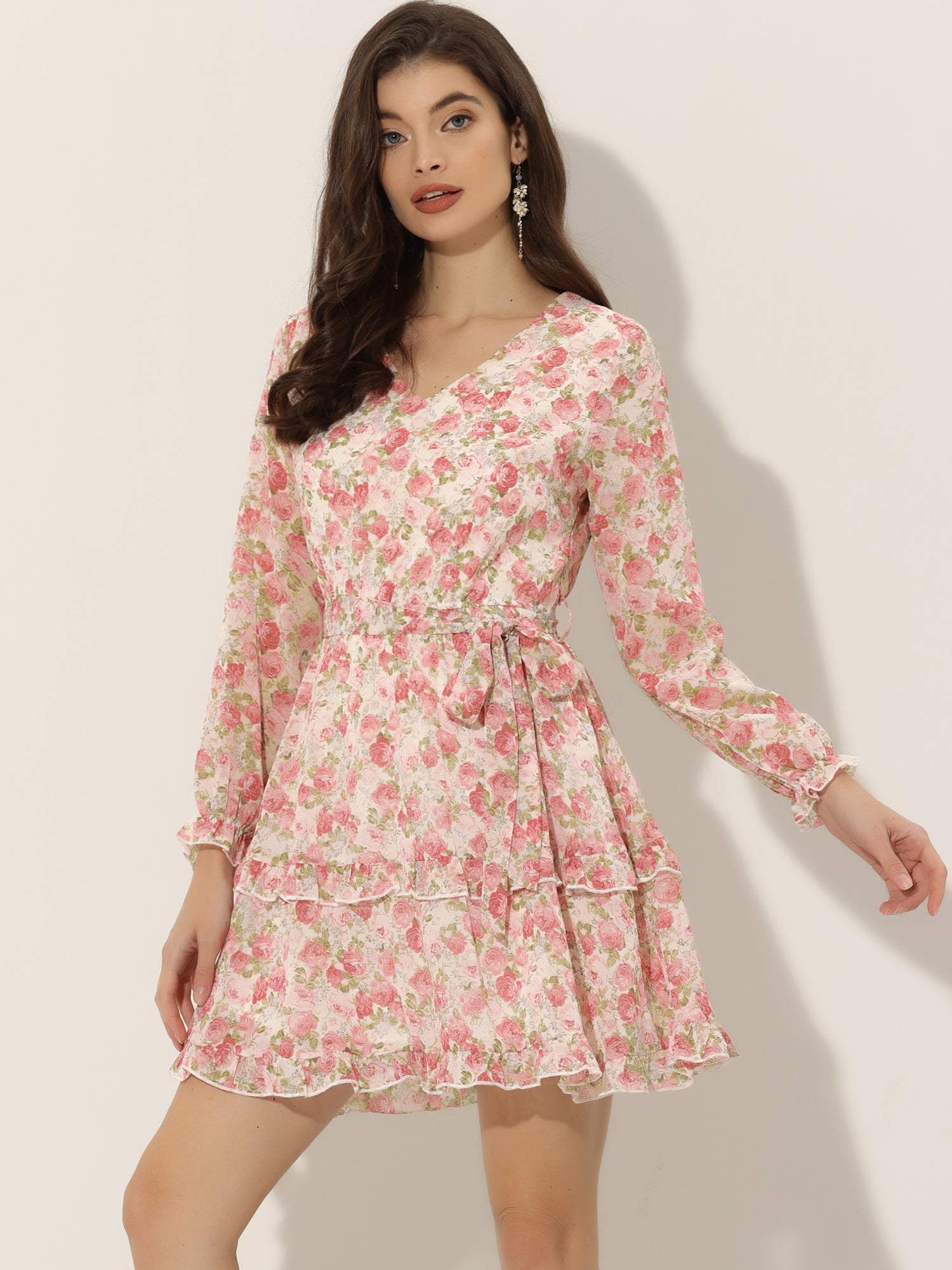 Long Sleeve V Neck Elastic Waist Ruffle Hem Chiffon Floral Dress