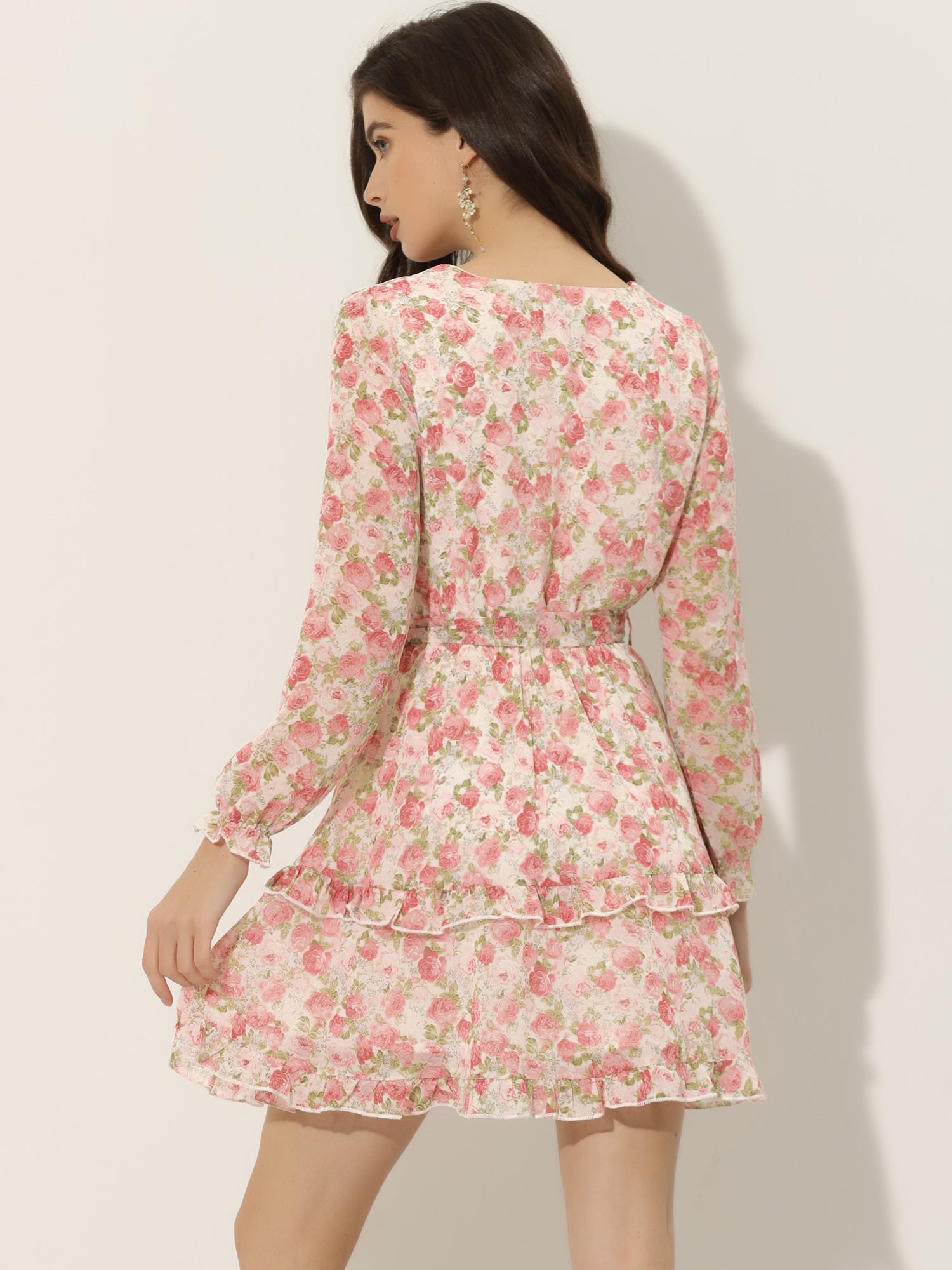 Long Sleeve V Neck Elastic Waist Ruffle Hem Chiffon Floral Dress