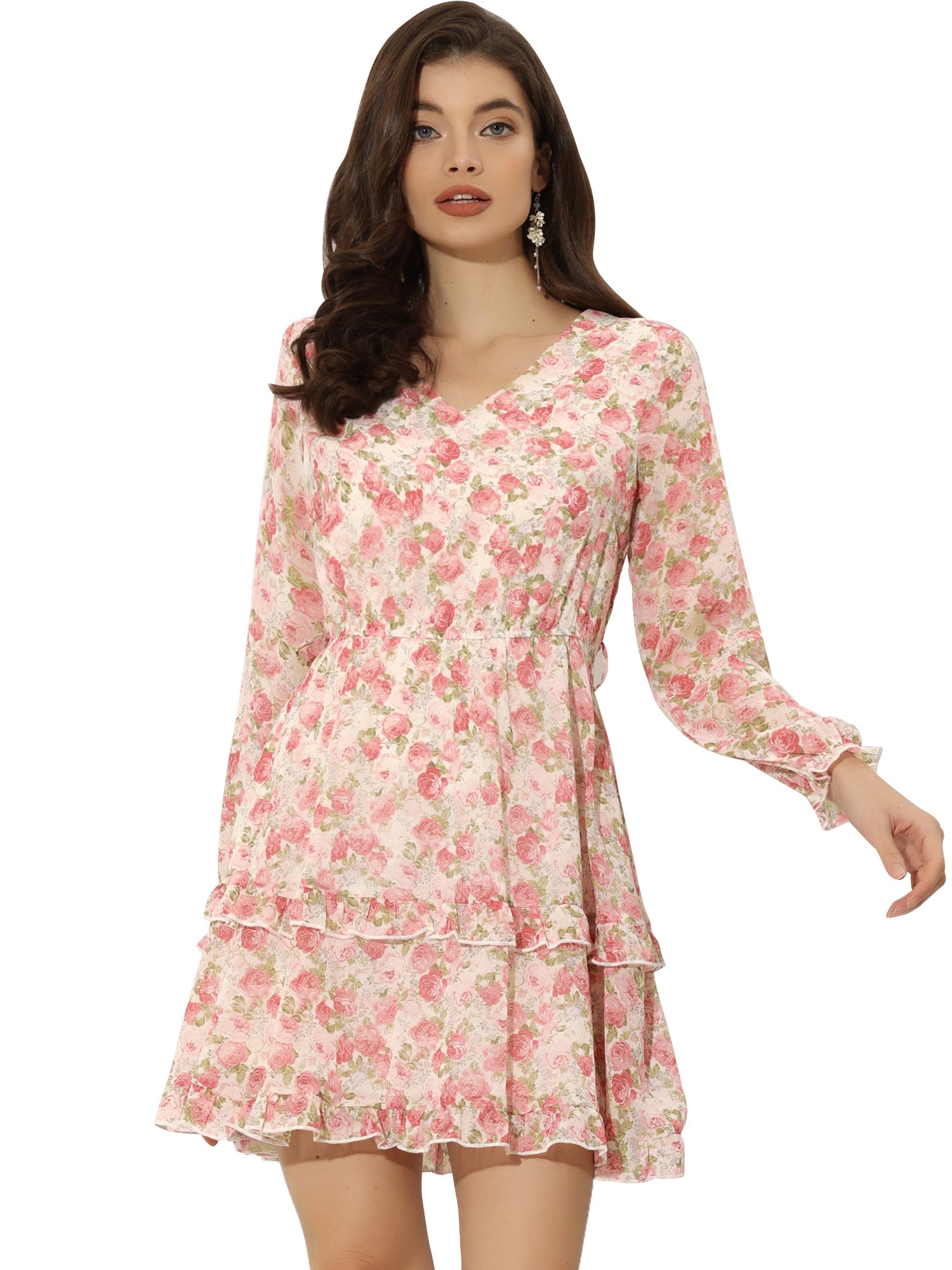 Long Sleeve V Neck Elastic Waist Ruffle Hem Chiffon Floral Dress