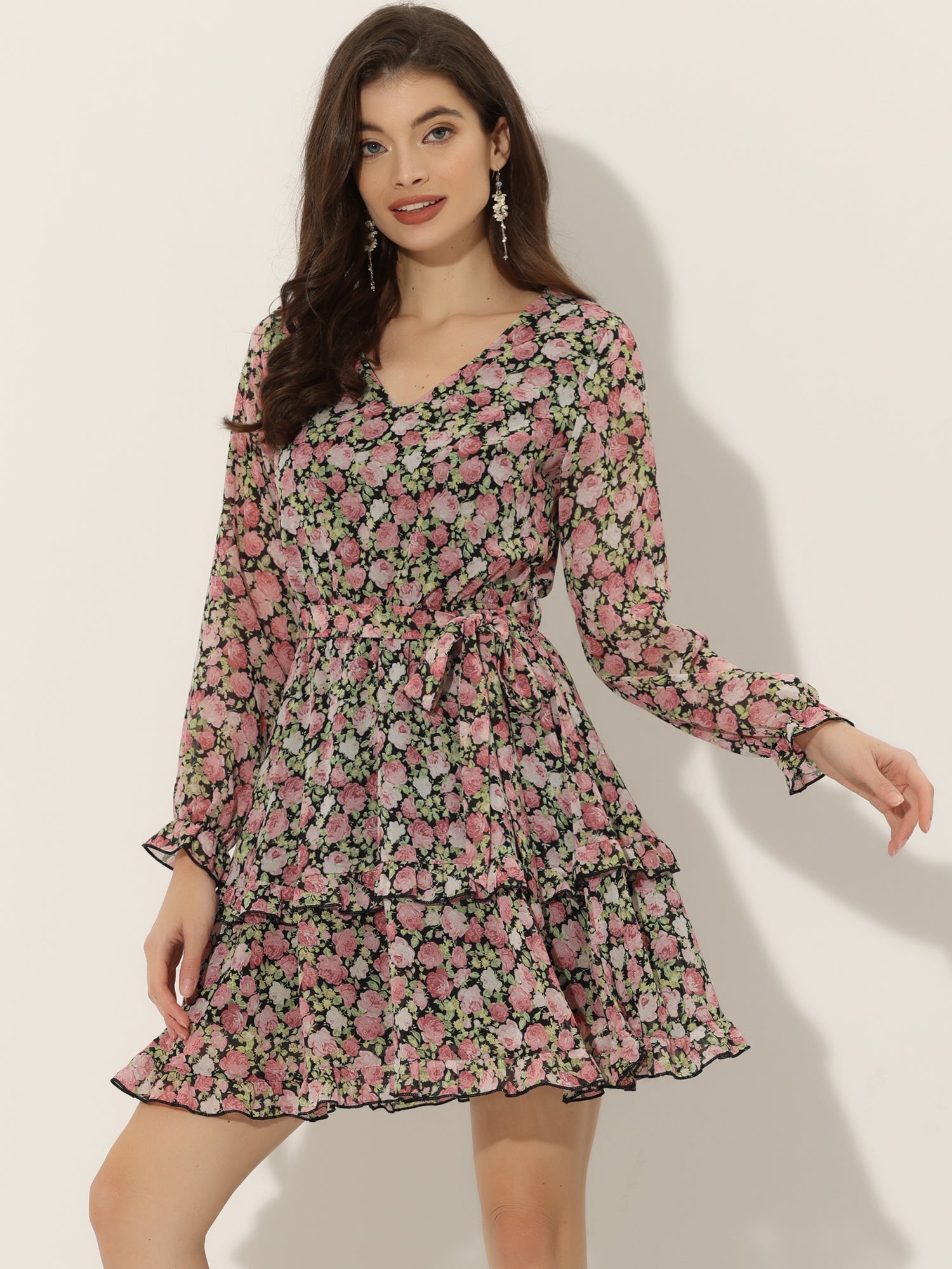 Long Sleeve V Neck Elastic Waist Ruffle Hem Chiffon Floral Dress