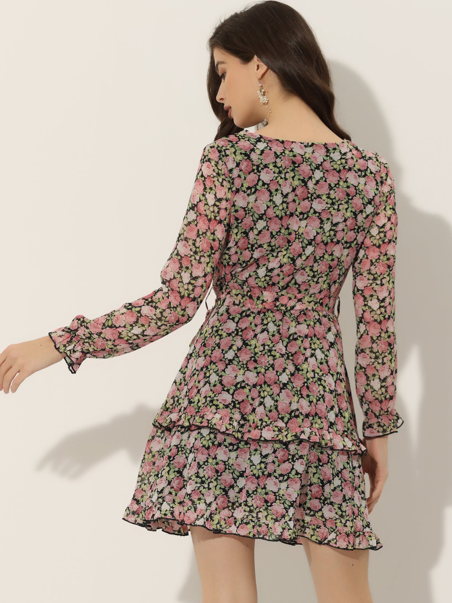 Long Sleeve V Neck Elastic Waist Ruffle Hem Chiffon Floral Dress