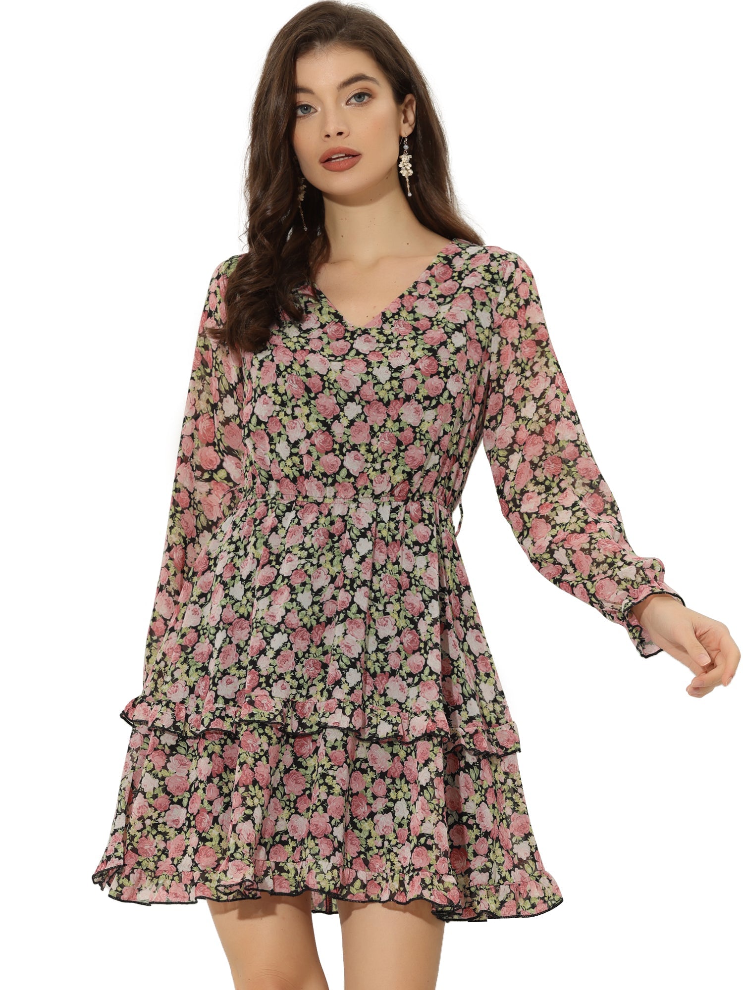 Long Sleeve V Neck Elastic Waist Ruffle Hem Chiffon Floral Dress