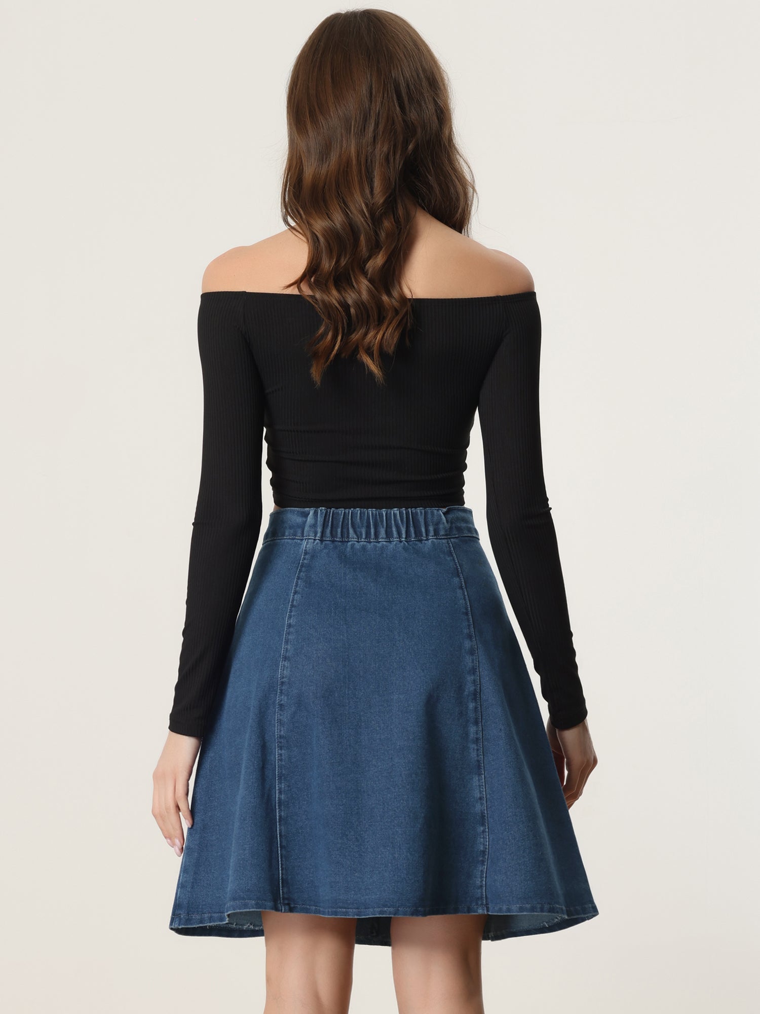 High Waisted A-Line Flared Casual Denim Midi Jean Skirt