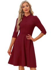 Retro 3/4 Sleeve Stand Collar Office Work Elegant A-Line Dress