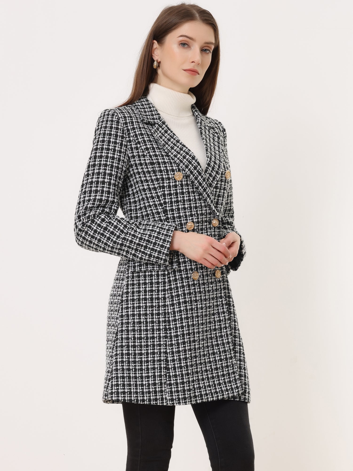 Lapel Collar Elegant Double Breasted Plaid Tweed Coat