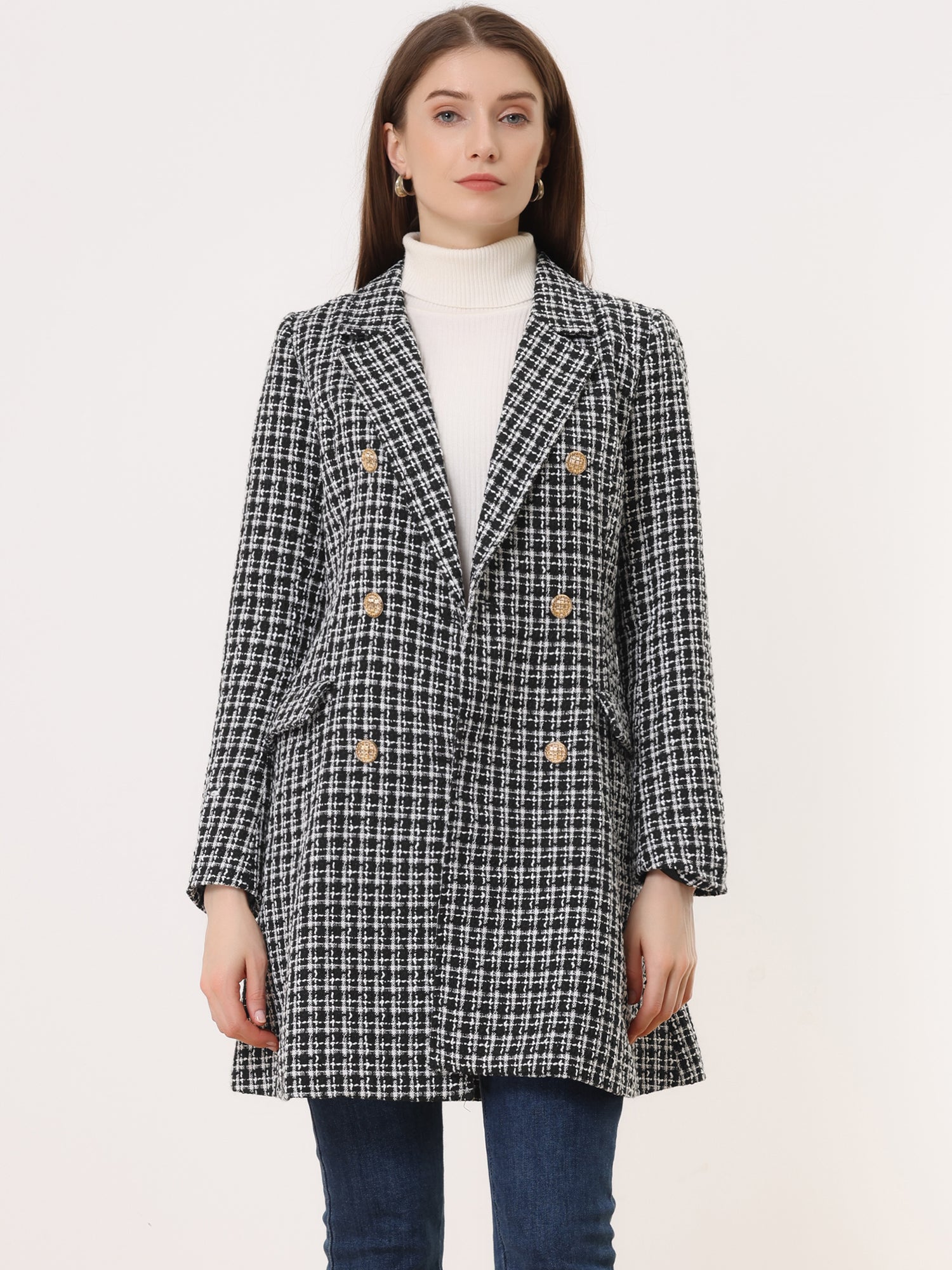 Lapel Collar Elegant Double Breasted Plaid Tweed Coat