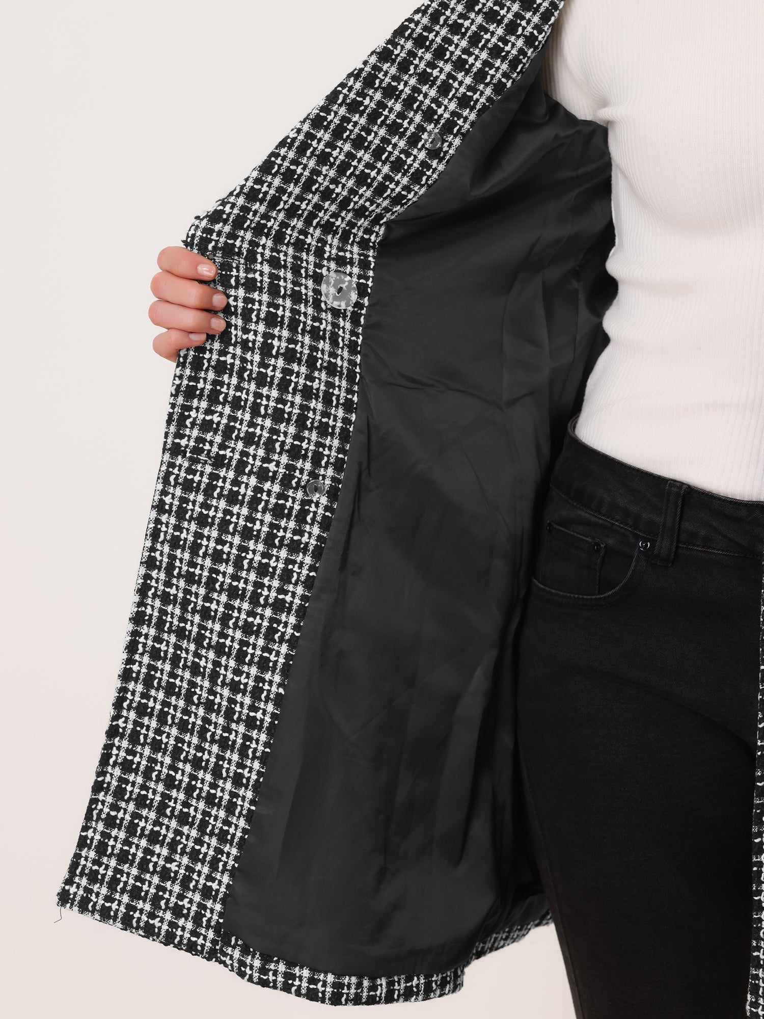 Lapel Collar Elegant Double Breasted Plaid Tweed Coat