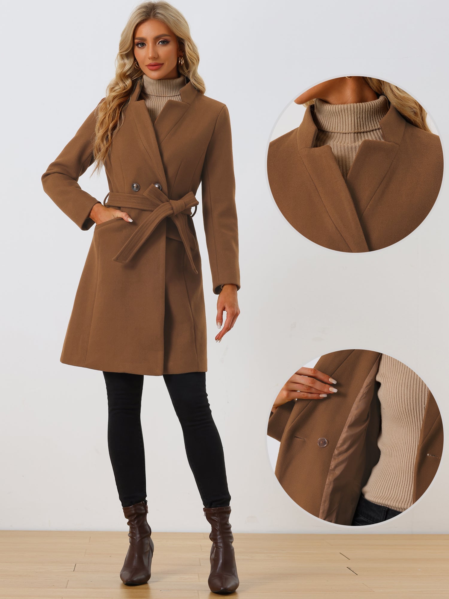 Belted Stand Collar Winter Fully Lined Belted Coats