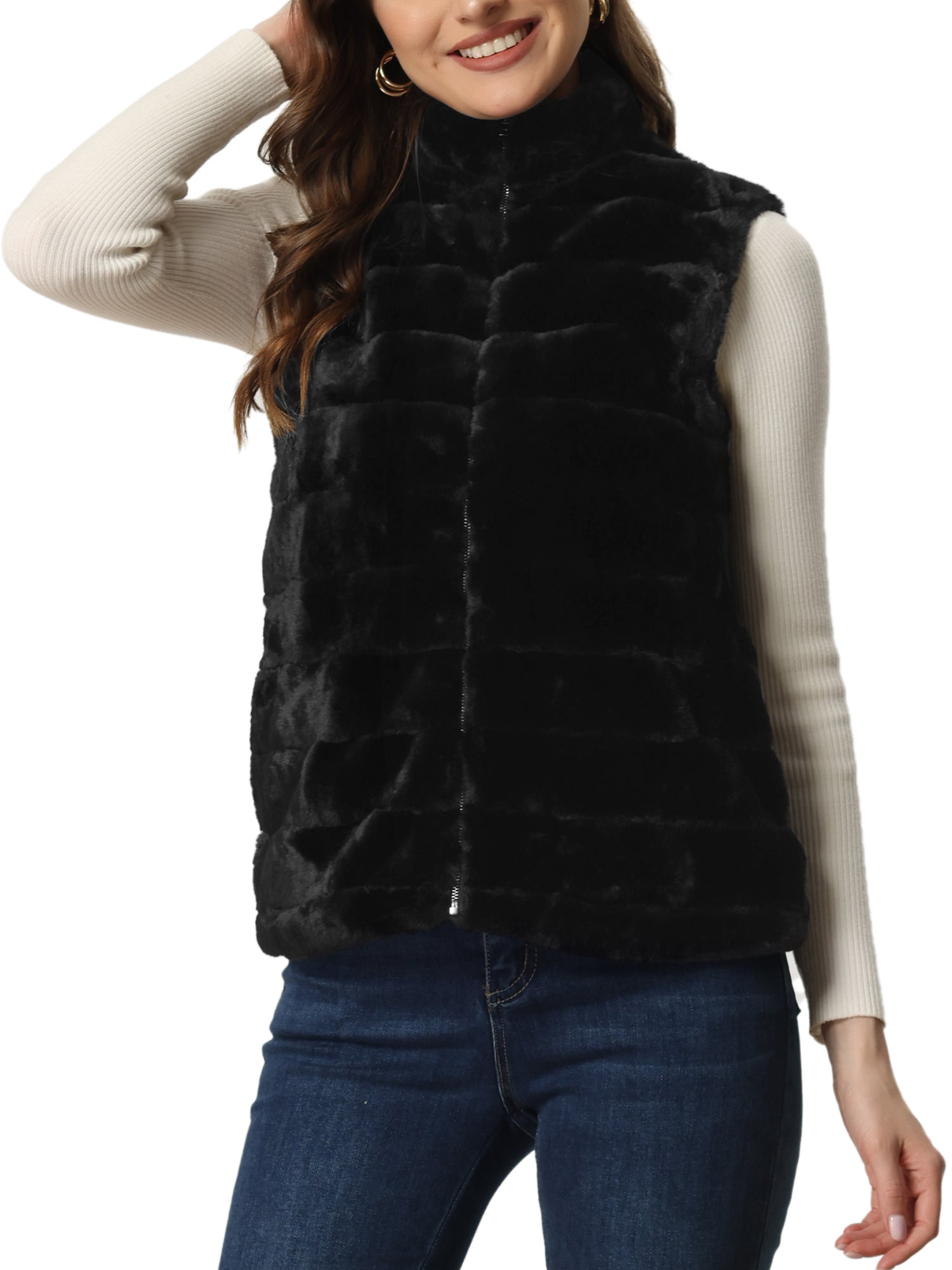 Fluffy Vest Jacket Stand Collar Sleeveless Faux Fur Coat