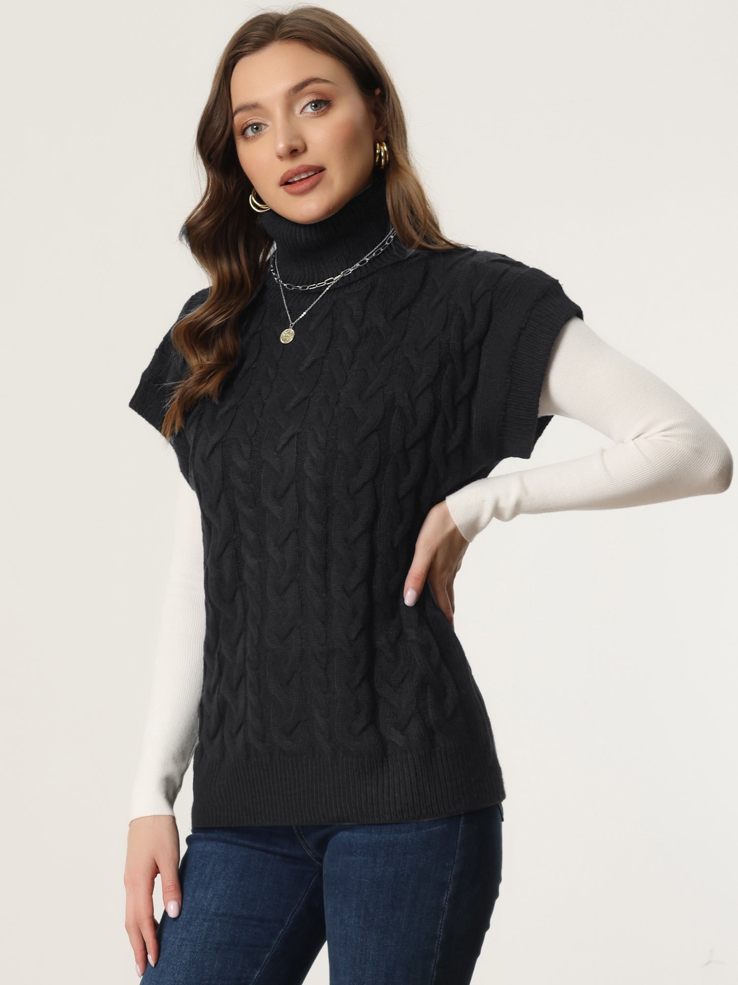 Turtleneck Twist Solid Color Knit Pullover Sweater Vest