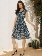 Floral Flutter Sleeve V Neck Smocked Ruffle Dress