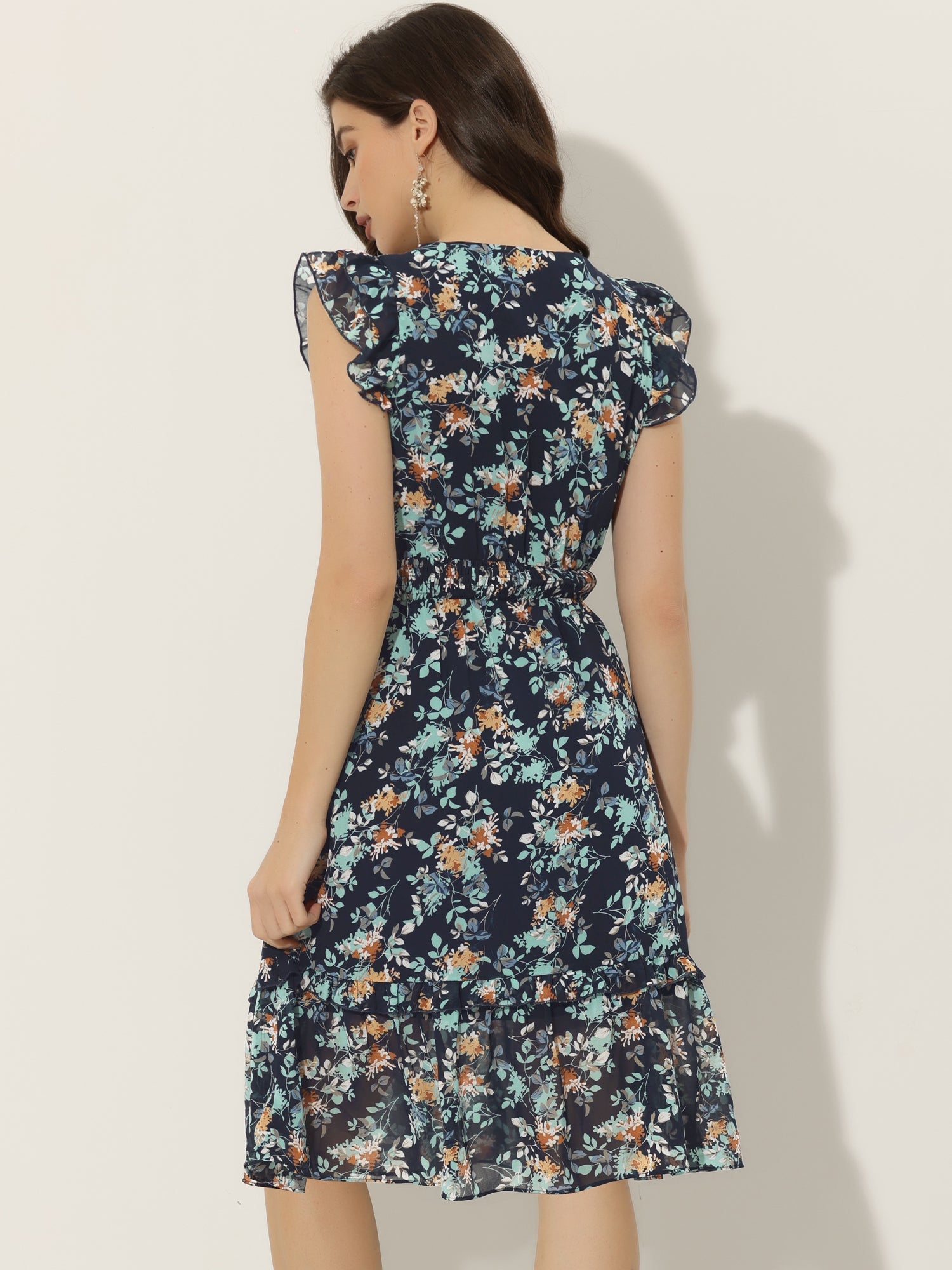 Floral Flutter Sleeve V Neck Smocked Ruffle Dress