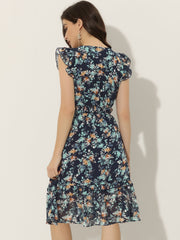 Floral Flutter Sleeve V Neck Smocked Ruffle Dress