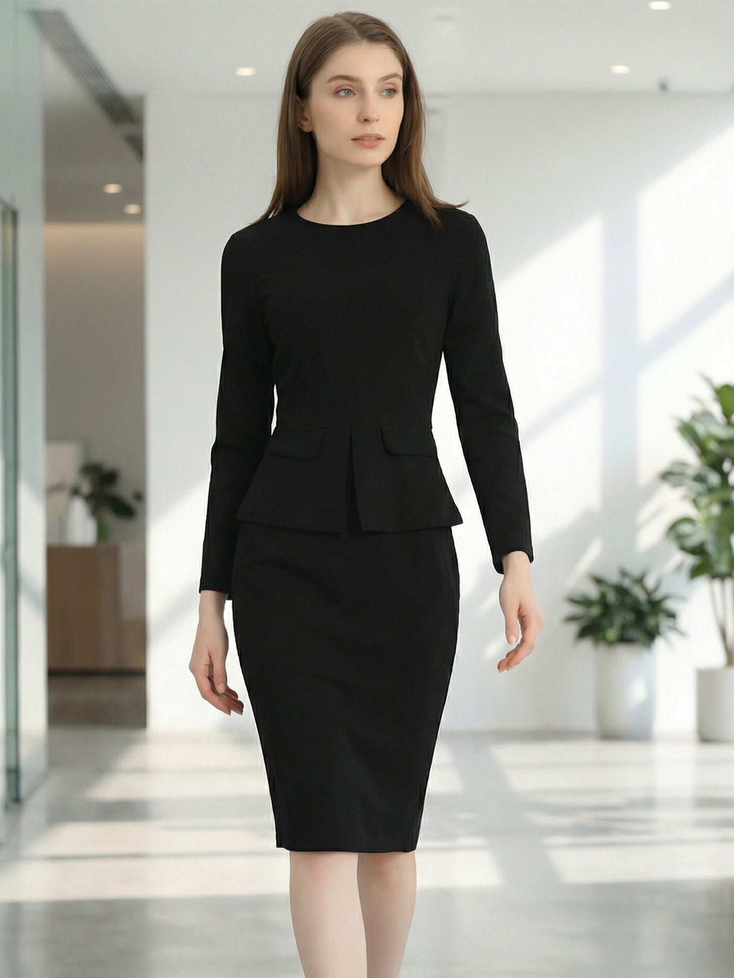 Bodycon Pencil Round Neck Bracelet Sleeve Peplum Office Sheath Dress