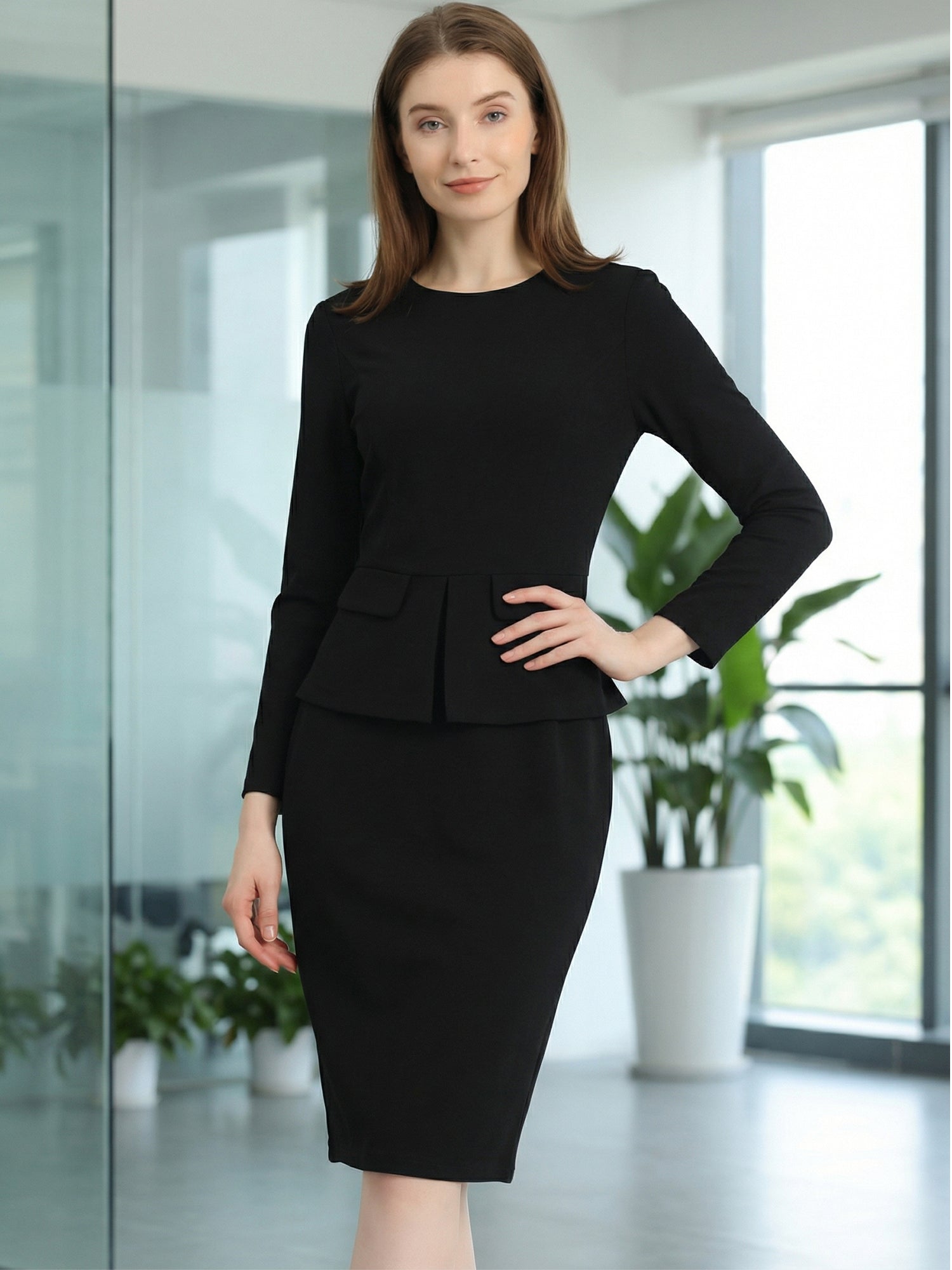 Bodycon Pencil Round Neck Bracelet Sleeve Peplum Office Sheath Dress