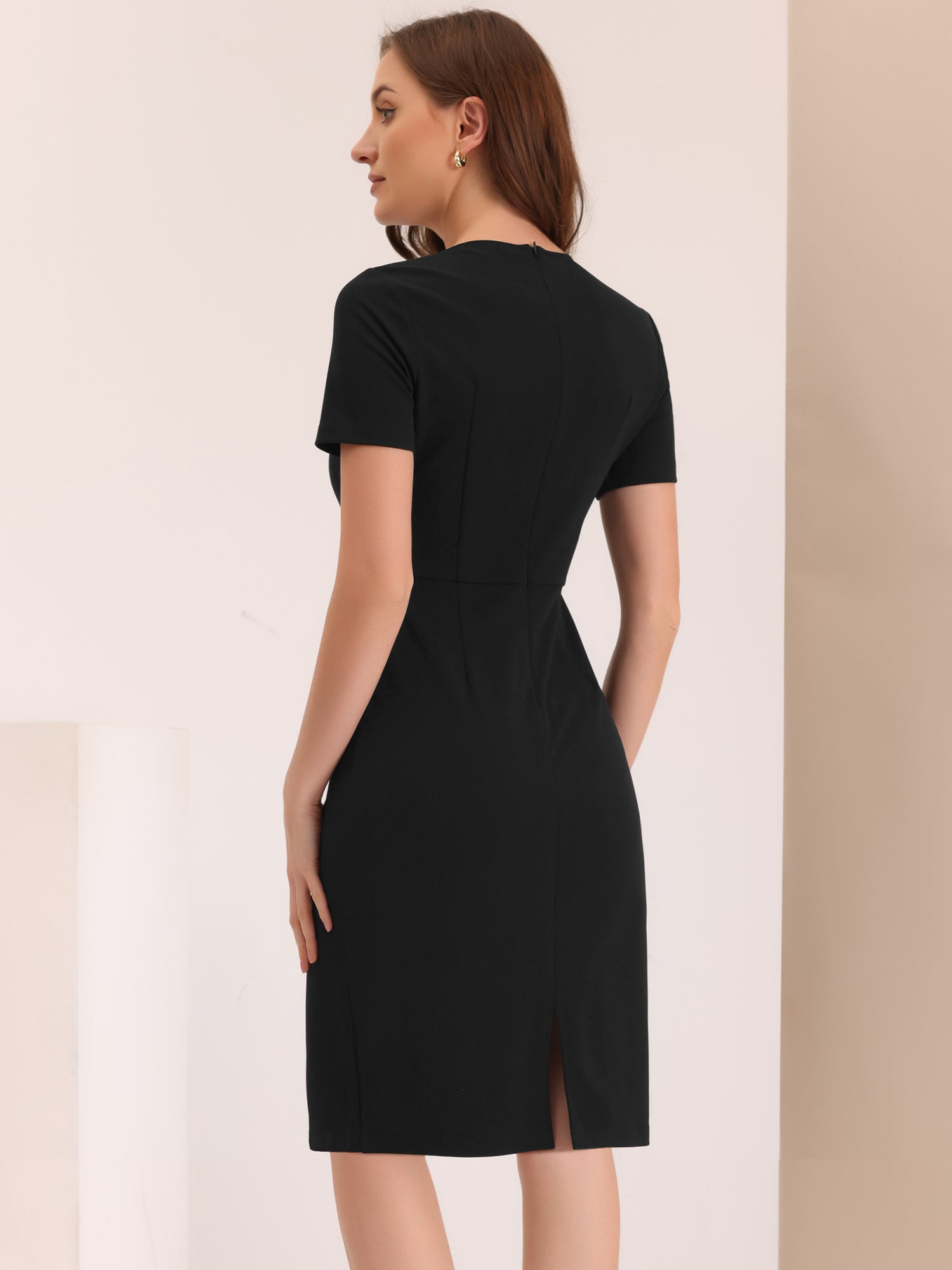Short Sleeve Button Decor Bodycon Sheath Work Midi Dress