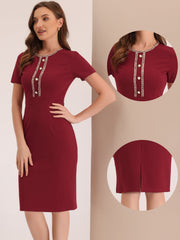 Short Sleeve Button Decor Bodycon Sheath Work Midi Dress