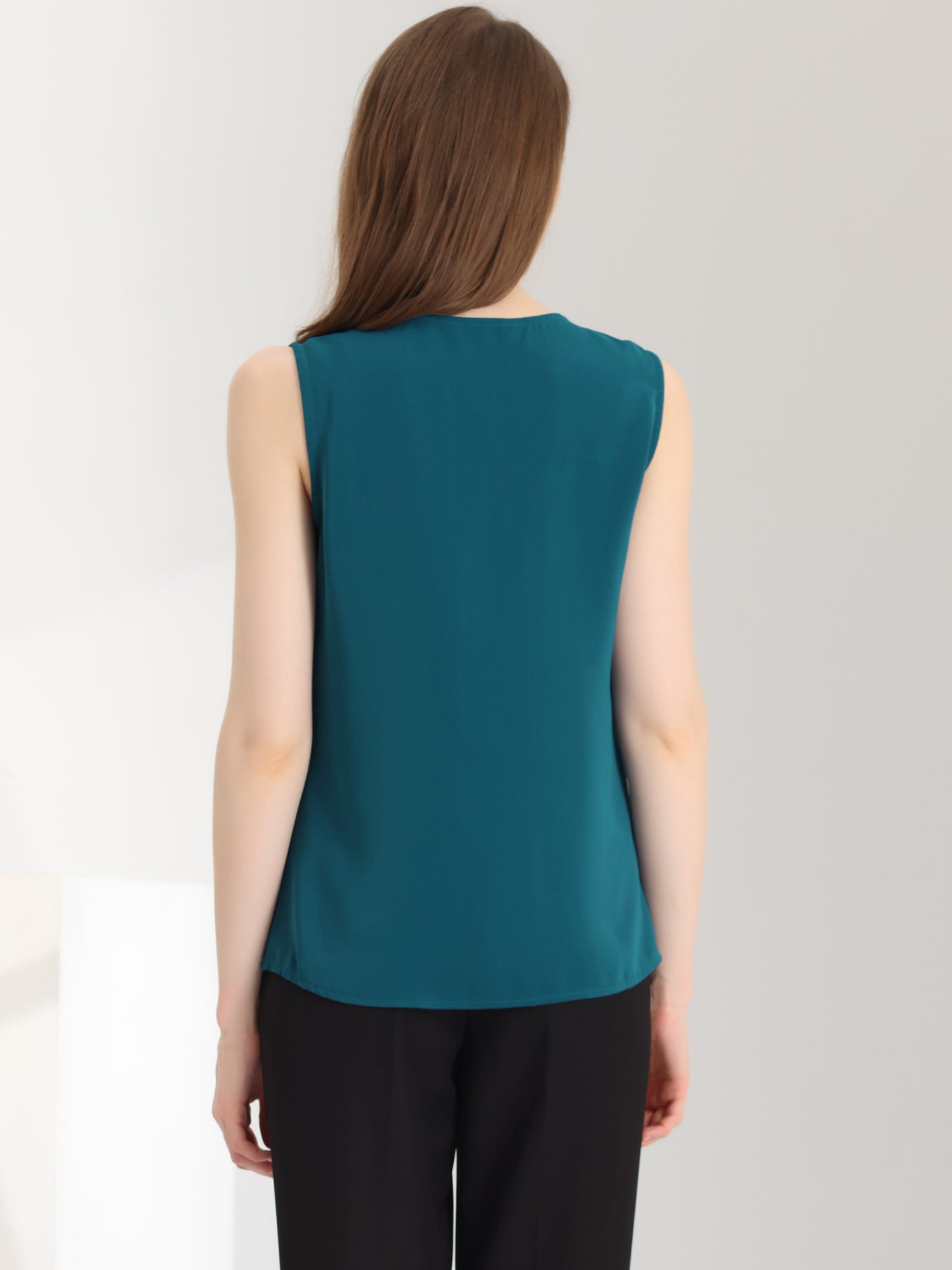 Sleeveless Work Top Pleated Chiffon V Neck Blouse