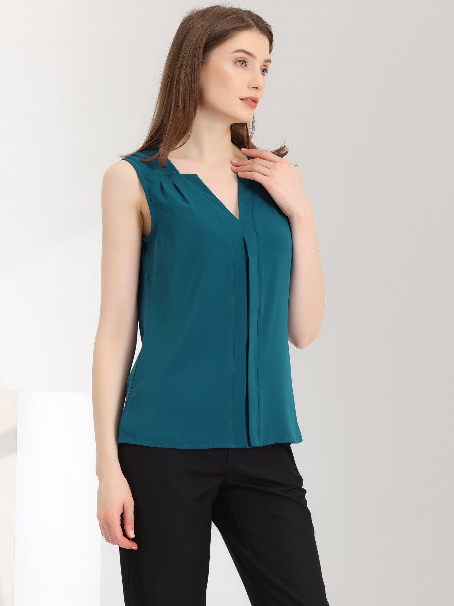 Sleeveless Work Top Pleated Chiffon V Neck Blouse