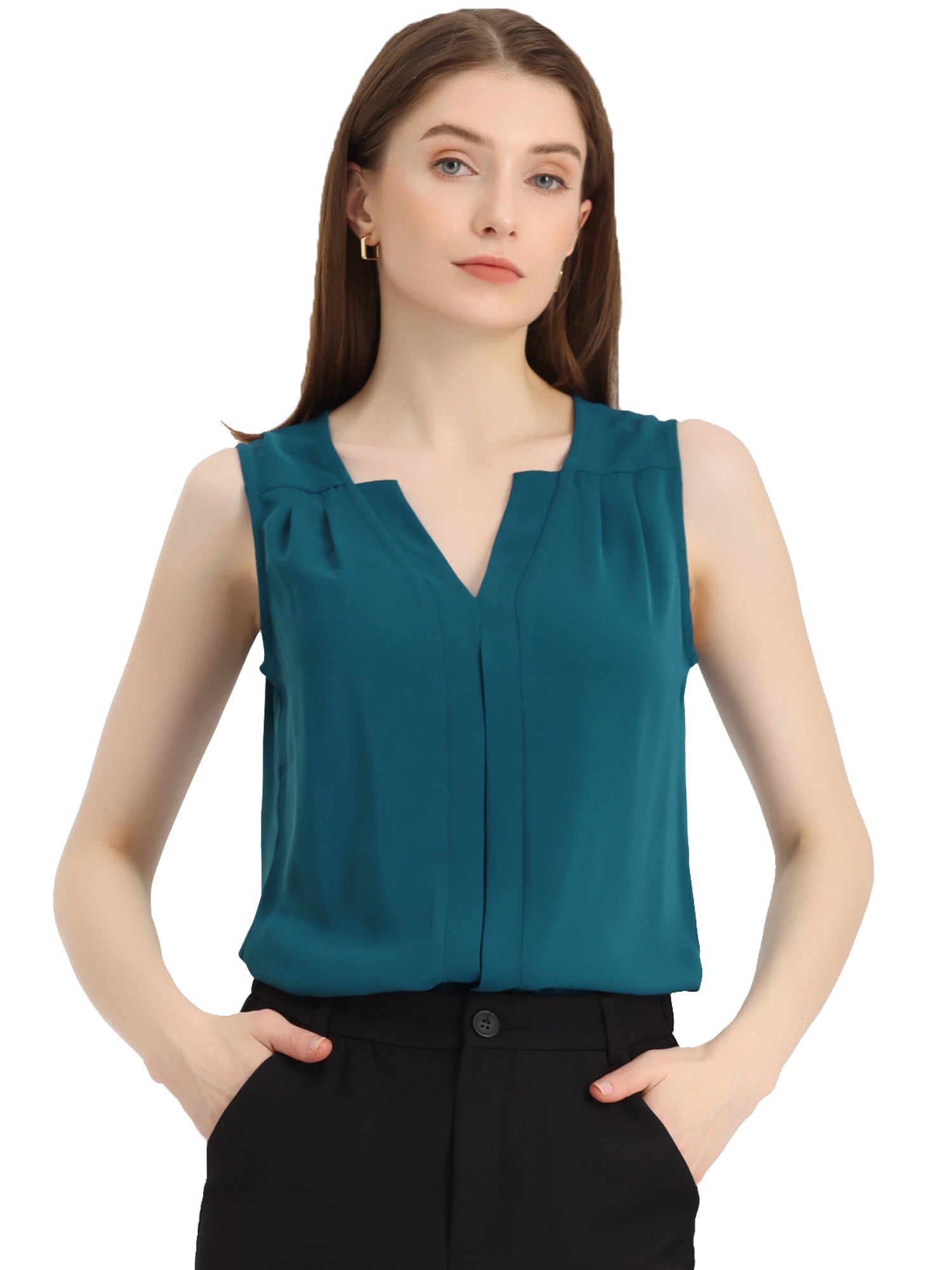 Sleeveless Work Top Pleated Chiffon V Neck Blouse