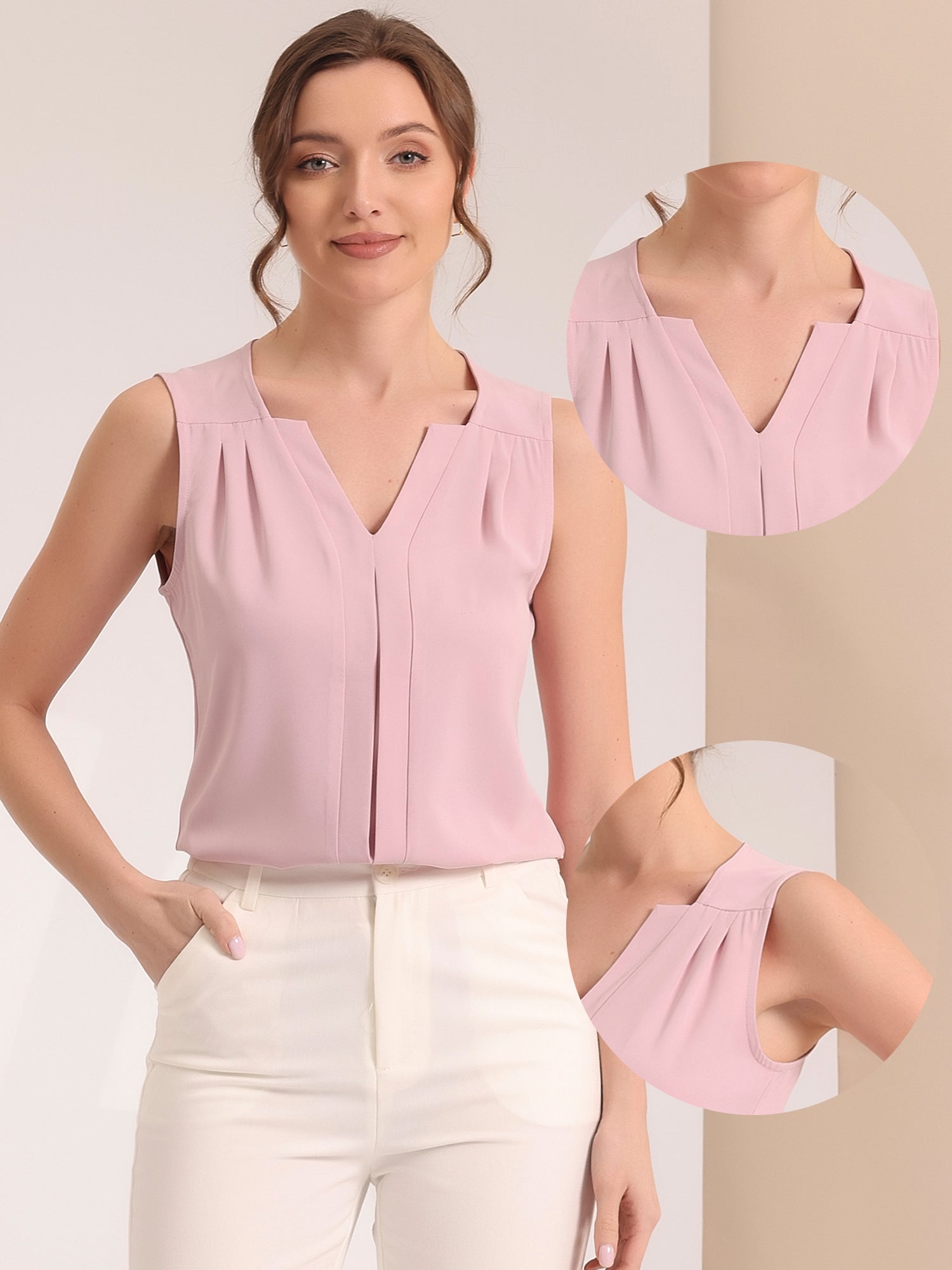 Sleeveless Work Top Pleated Chiffon V Neck Blouse