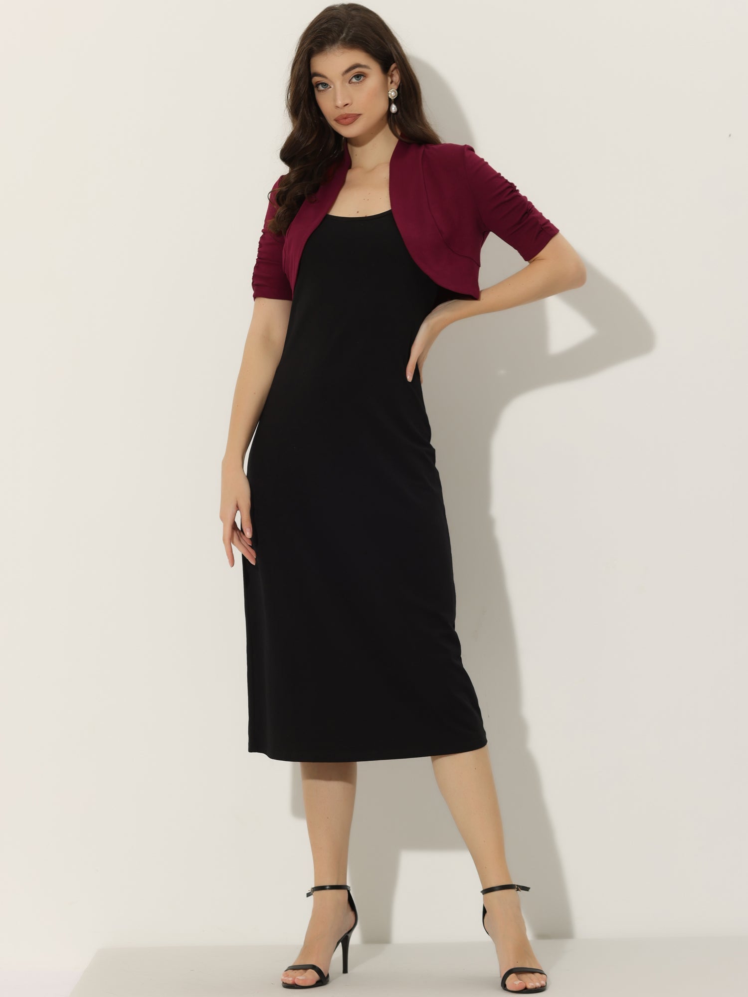 Short Ruched Sleeve Open Front Knit Cropped Bolero Shrugs