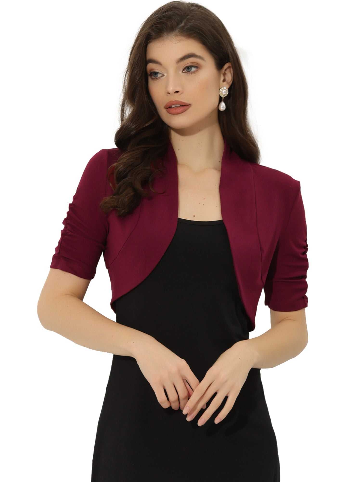 Short Ruched Sleeve Open Front Knit Cropped Bolero Shrugs