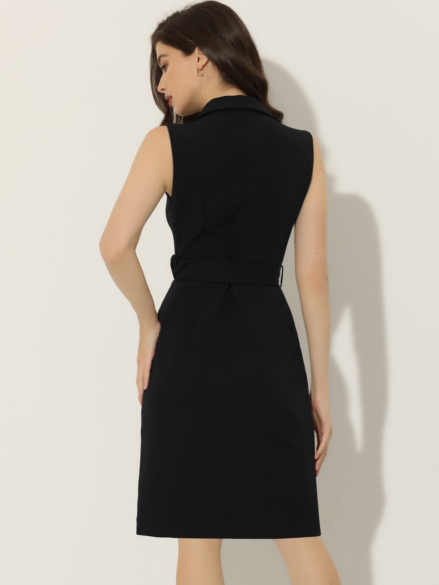 Sleeveless Notched Lapel Double Breasted Belted Office Blazer Dress