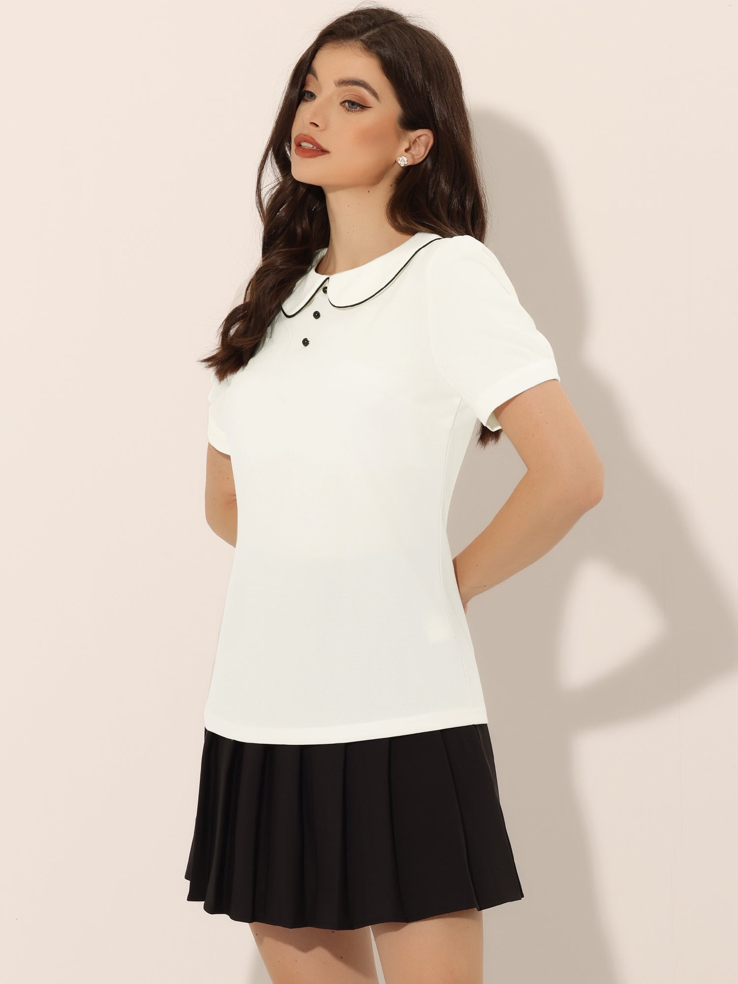 Peter Pan Collar Contrast Trim Puff Sleeve Blouse