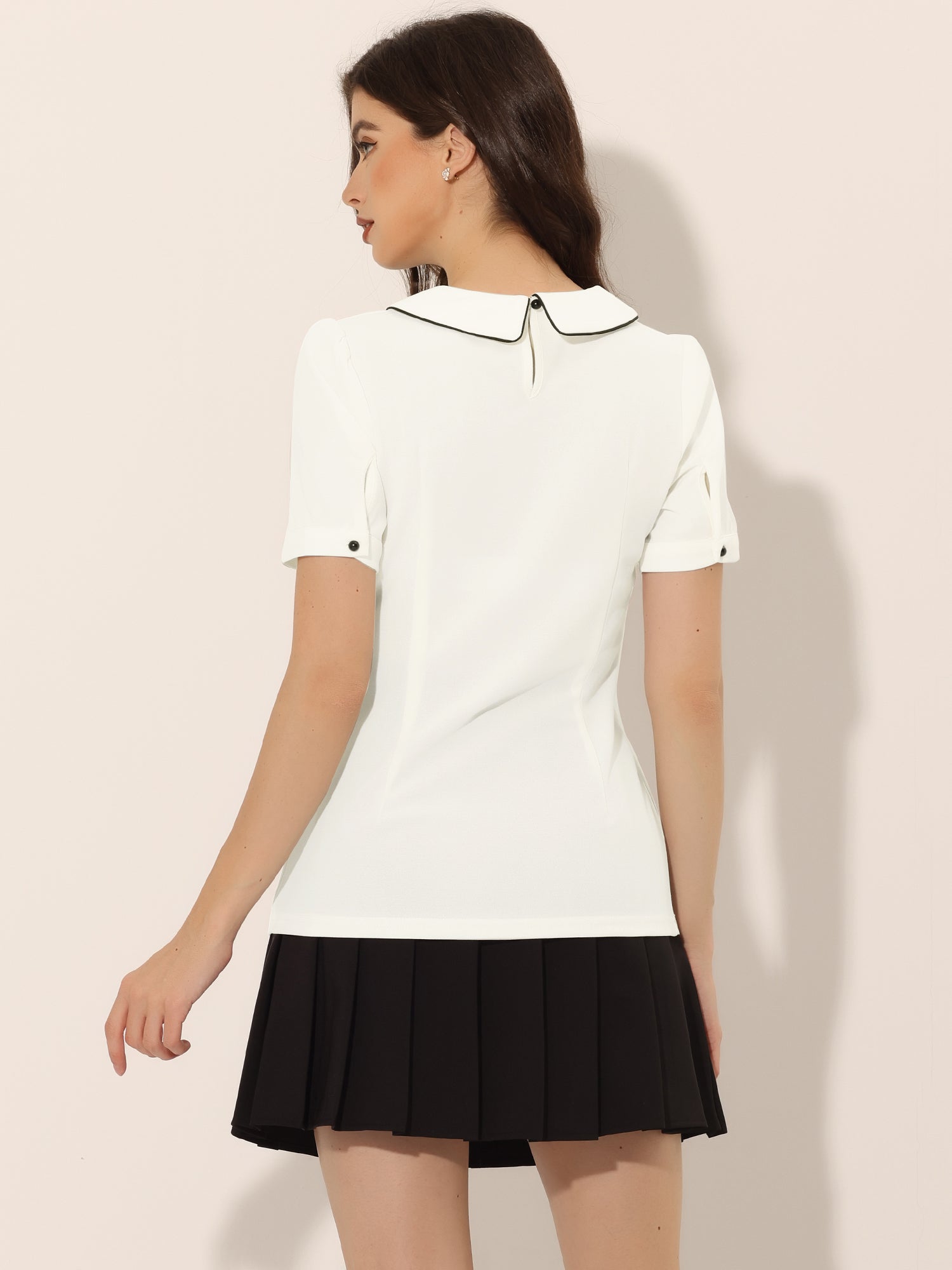Peter Pan Collar Contrast Trim Puff Sleeve Blouse