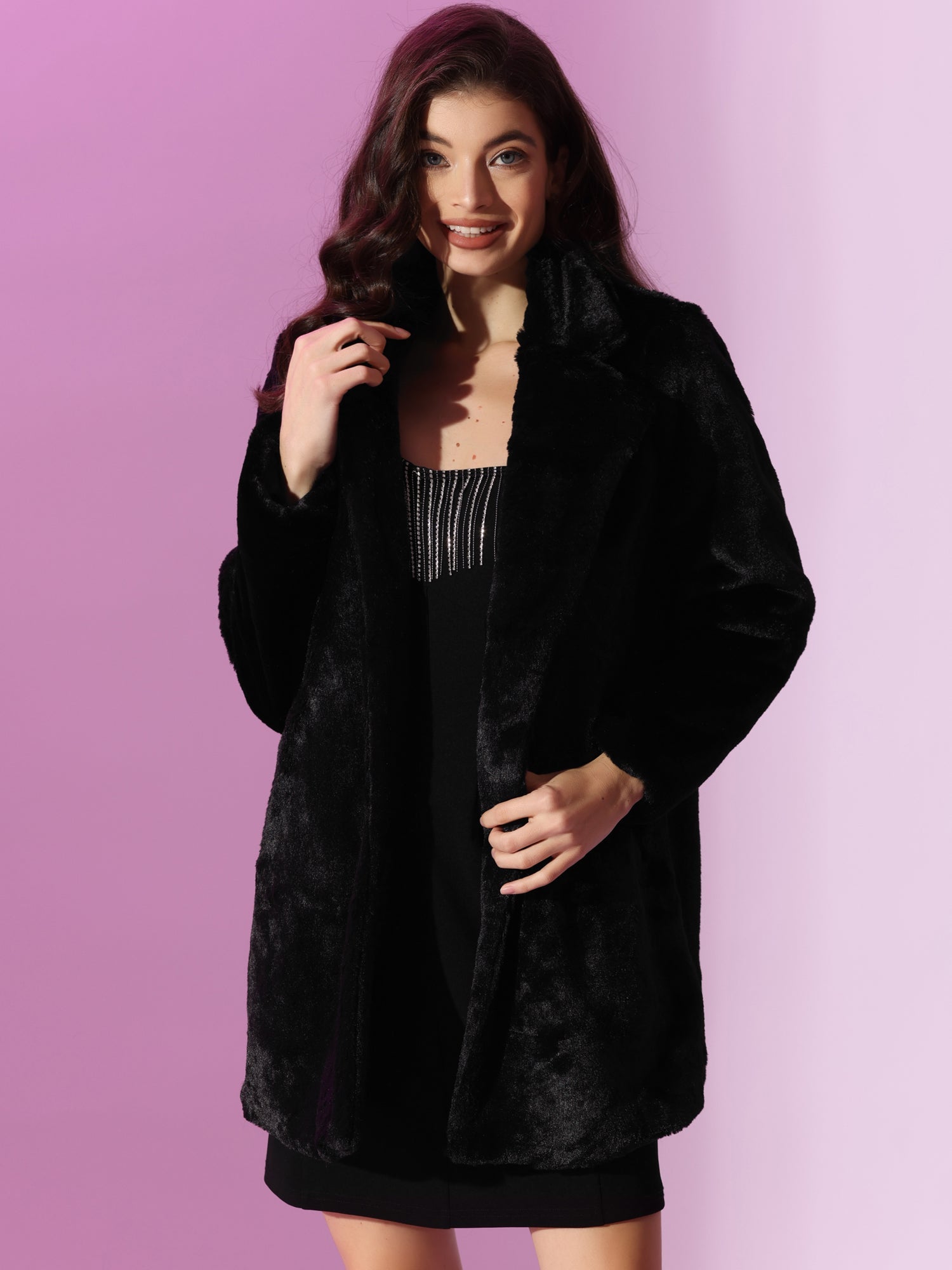 Lapel Collar Faux Fur Fuzzy Winter Warm Pockets Coat