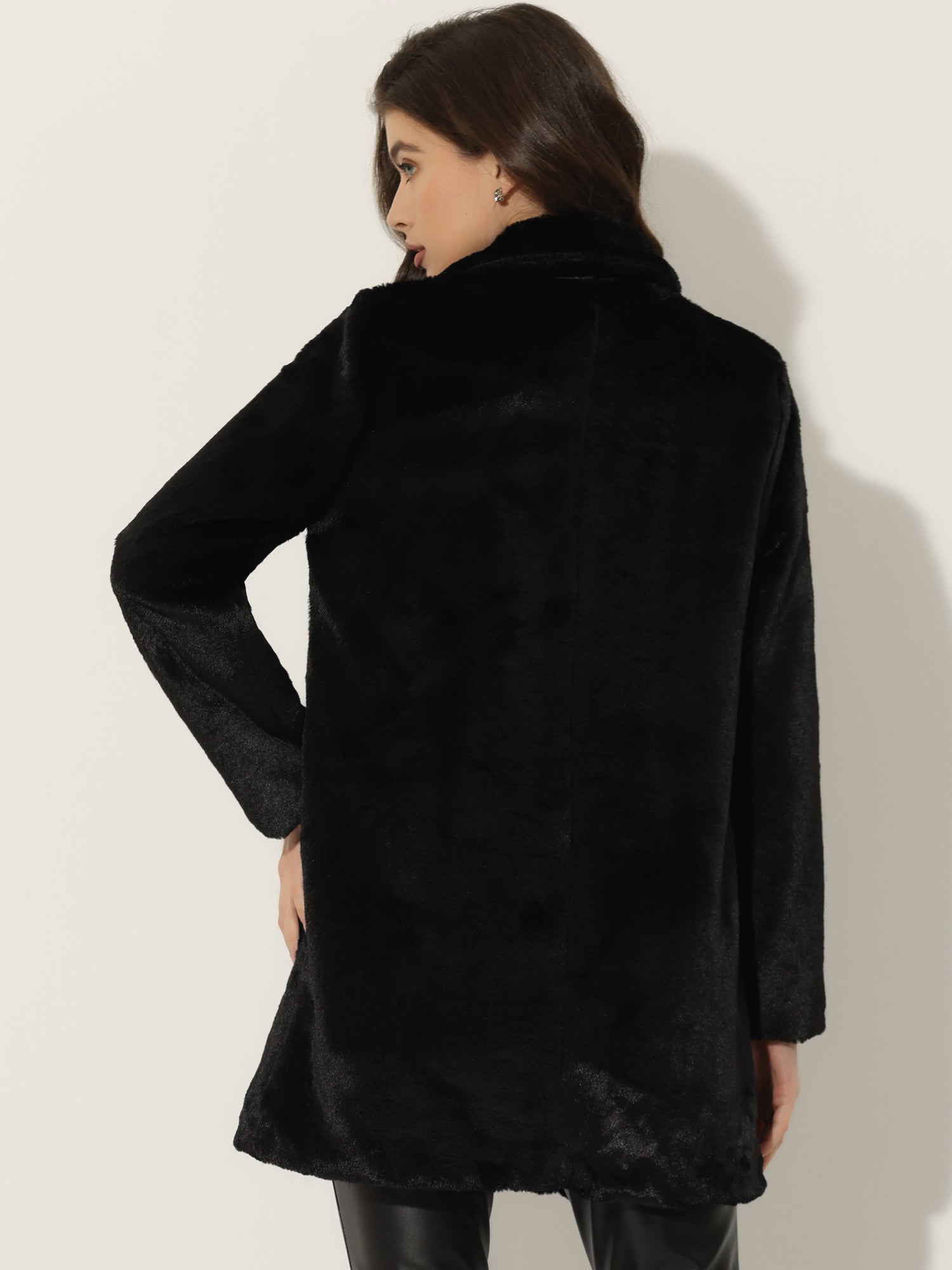 Lapel Collar Faux Fur Fuzzy Winter Warm Pockets Coat