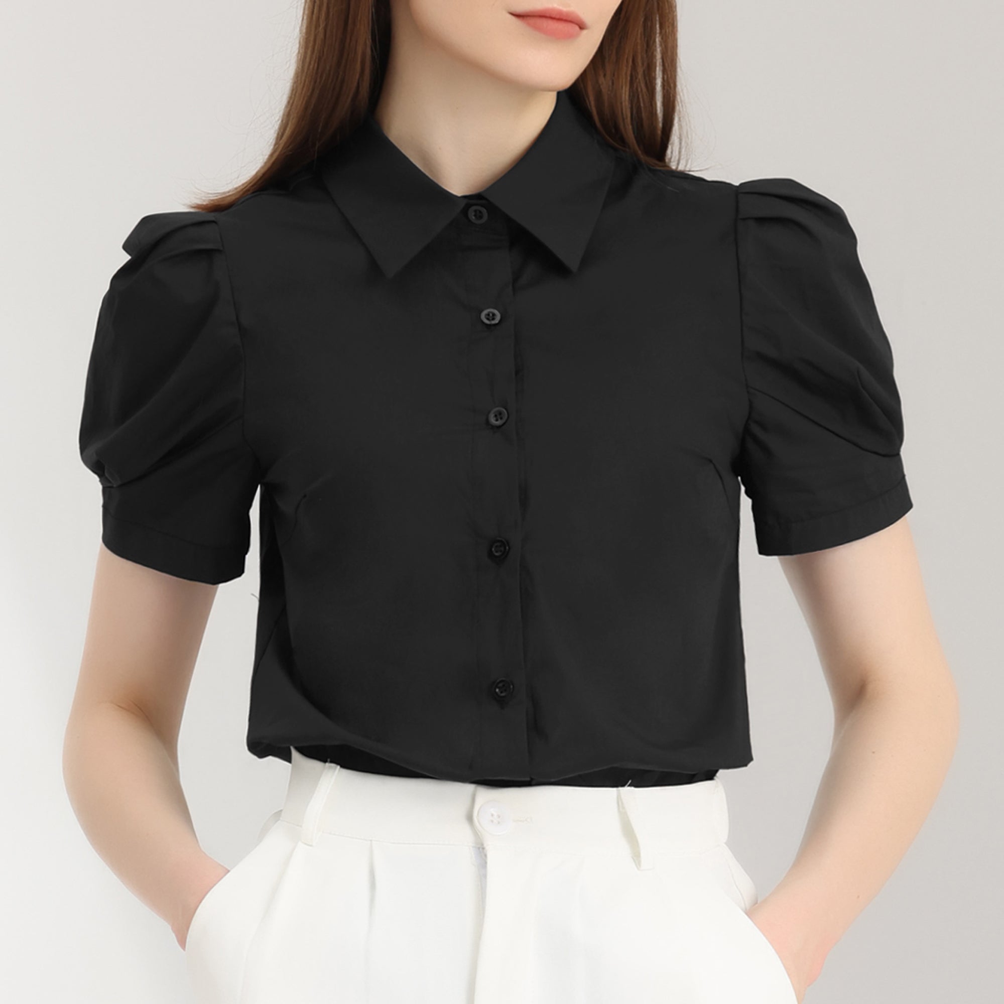 Puff Short Sleeve Turn Down Collared Office Button Down Shirt