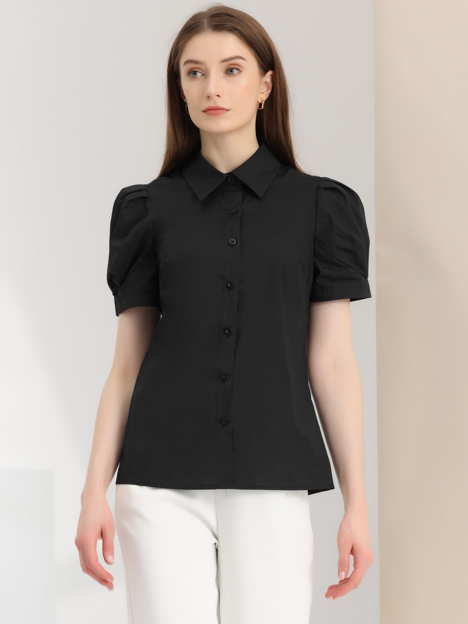 Puff Short Sleeve Turn Down Collared Office Button Down Shirt