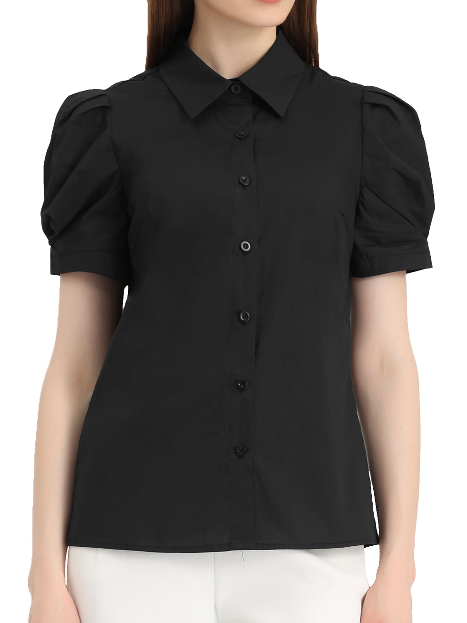 Puff Short Sleeve Turn Down Collared Office Button Down Shirt