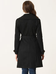 Faux Suede Notched Cuff Solid Double Breasted Tie Belt Trench Coat