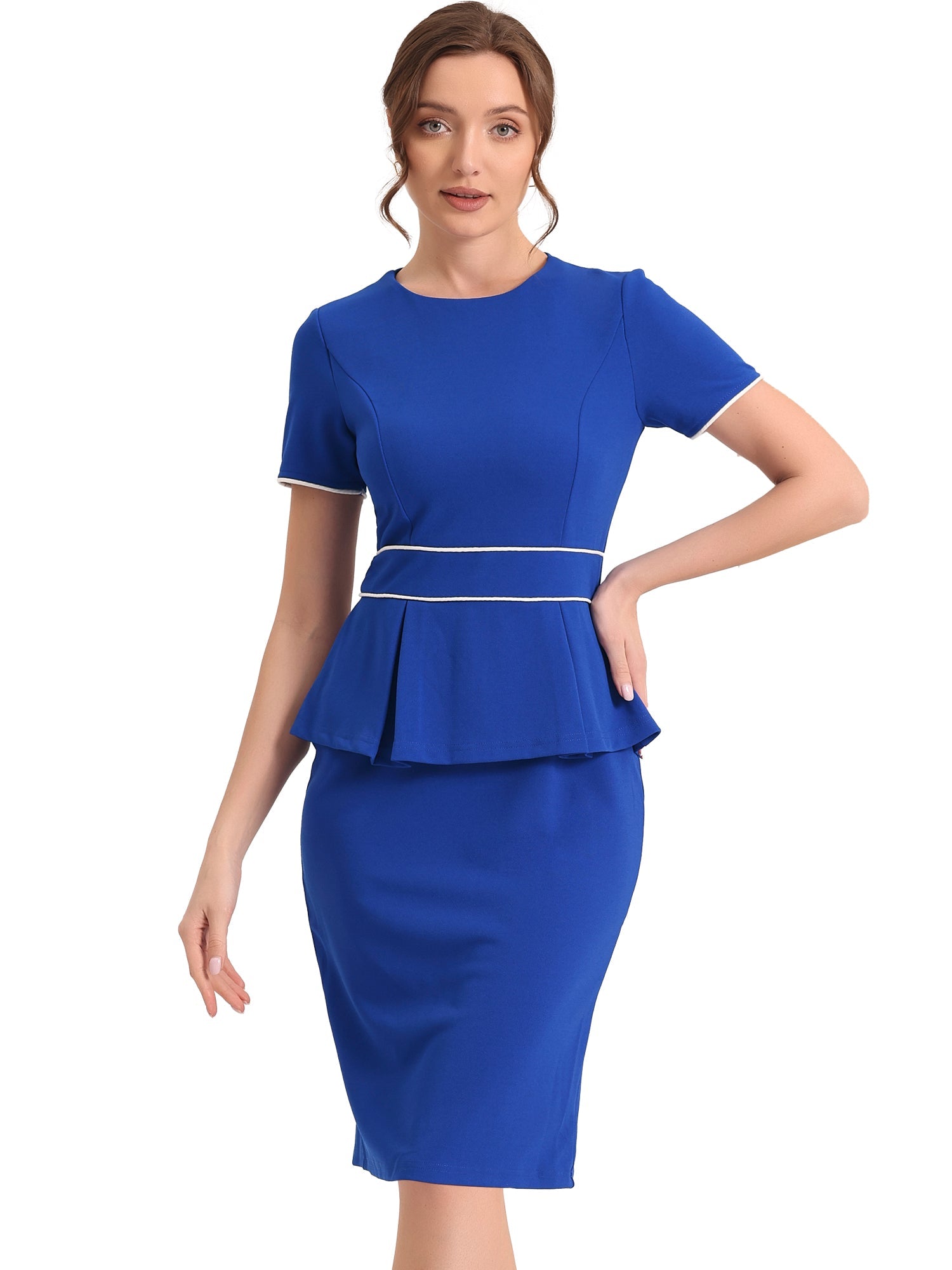 Peplum Pencil Crew Neck Short Sleeve Bodycon Elegant Sheath Dress