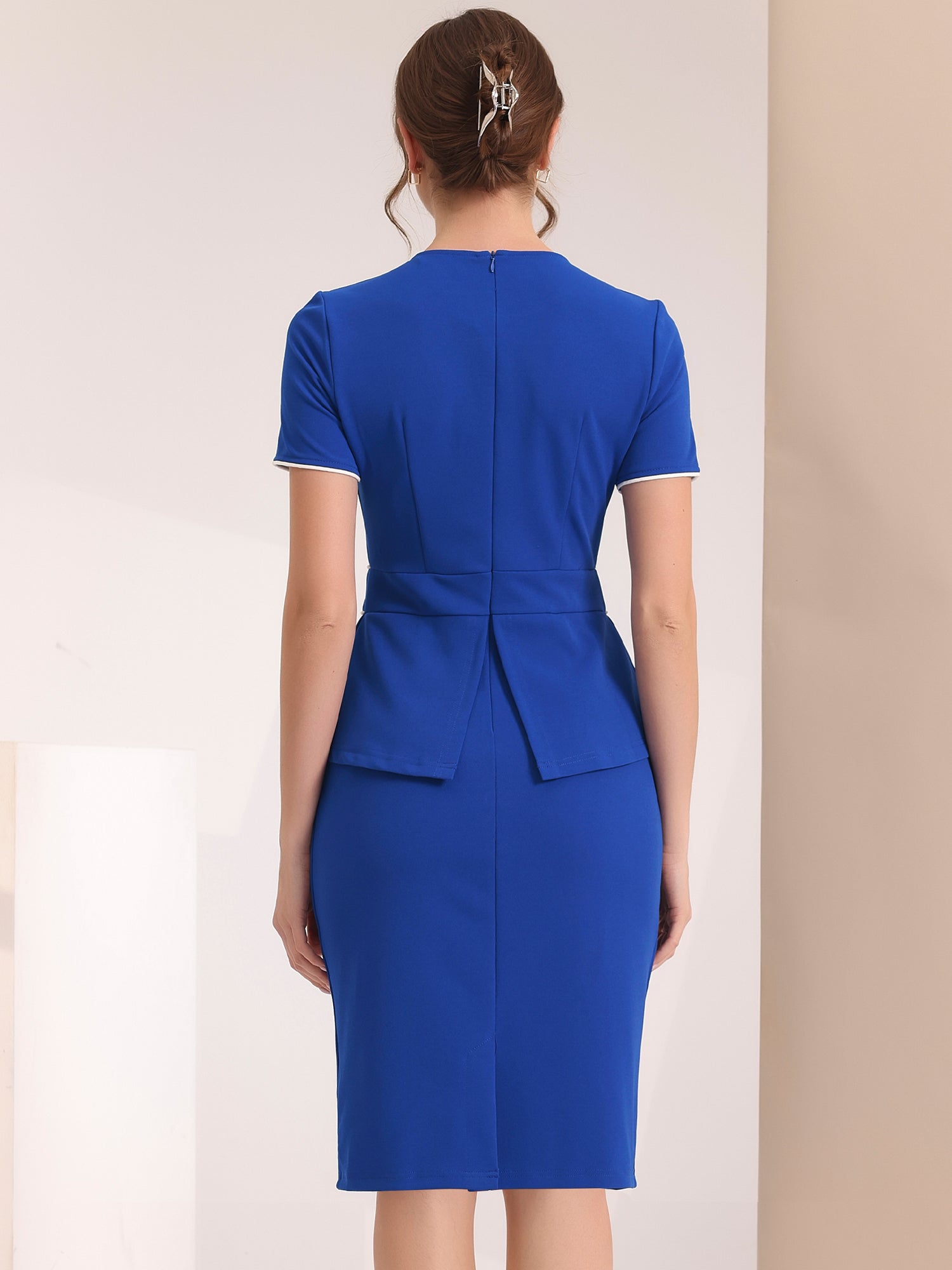 Peplum Pencil Crew Neck Short Sleeve Bodycon Elegant Sheath Dress