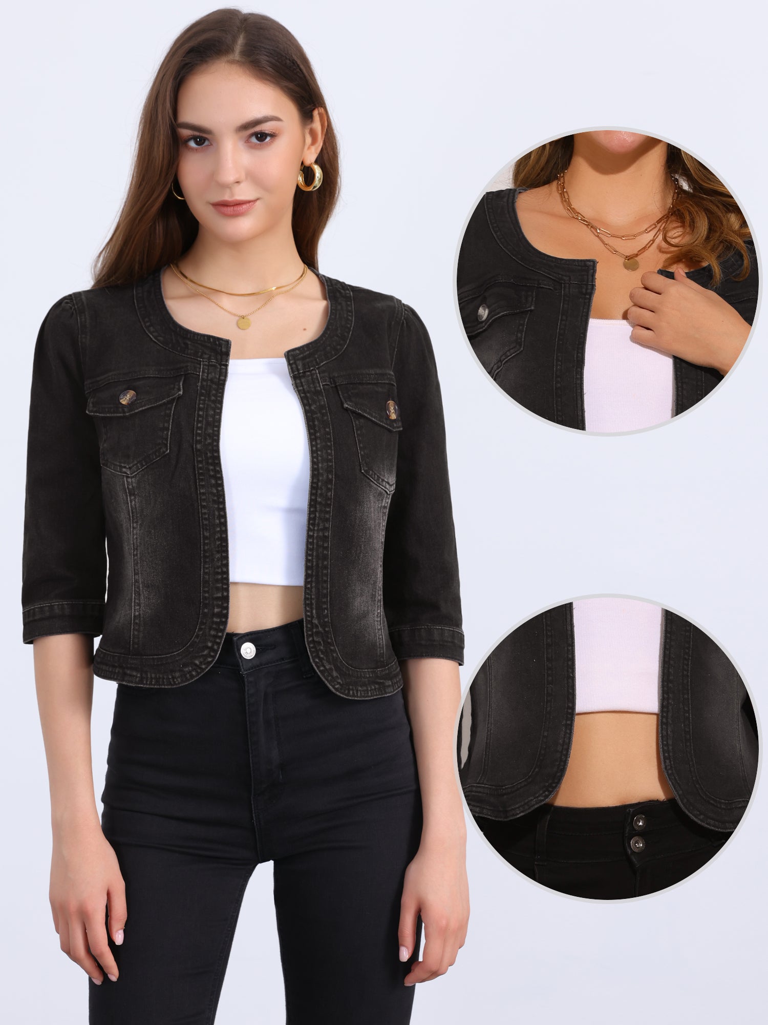 Denim Collarless Pockets 3/4 Sleeve Feminine Style Jacket