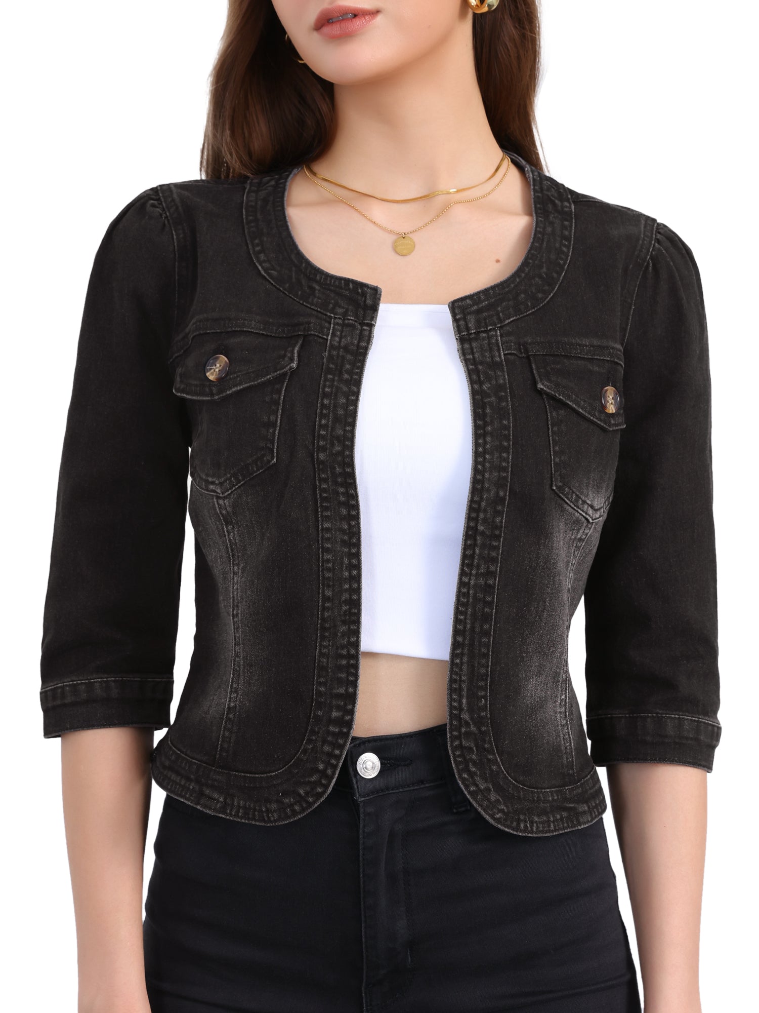 Denim Collarless Pockets 3/4 Sleeve Feminine Style Jacket
