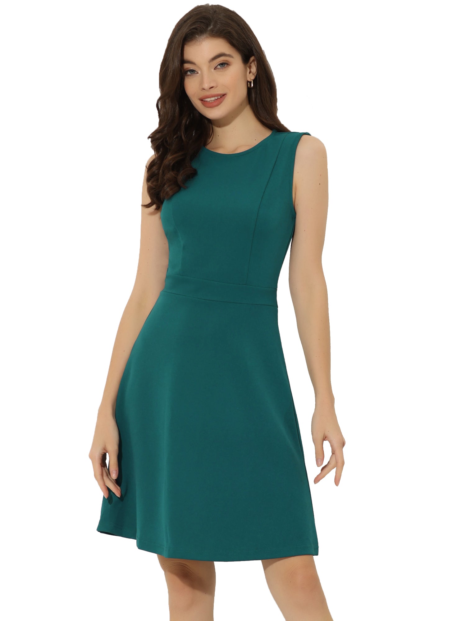 Round Neck Solid Color Sleeveless A-Line Work Midi Dress