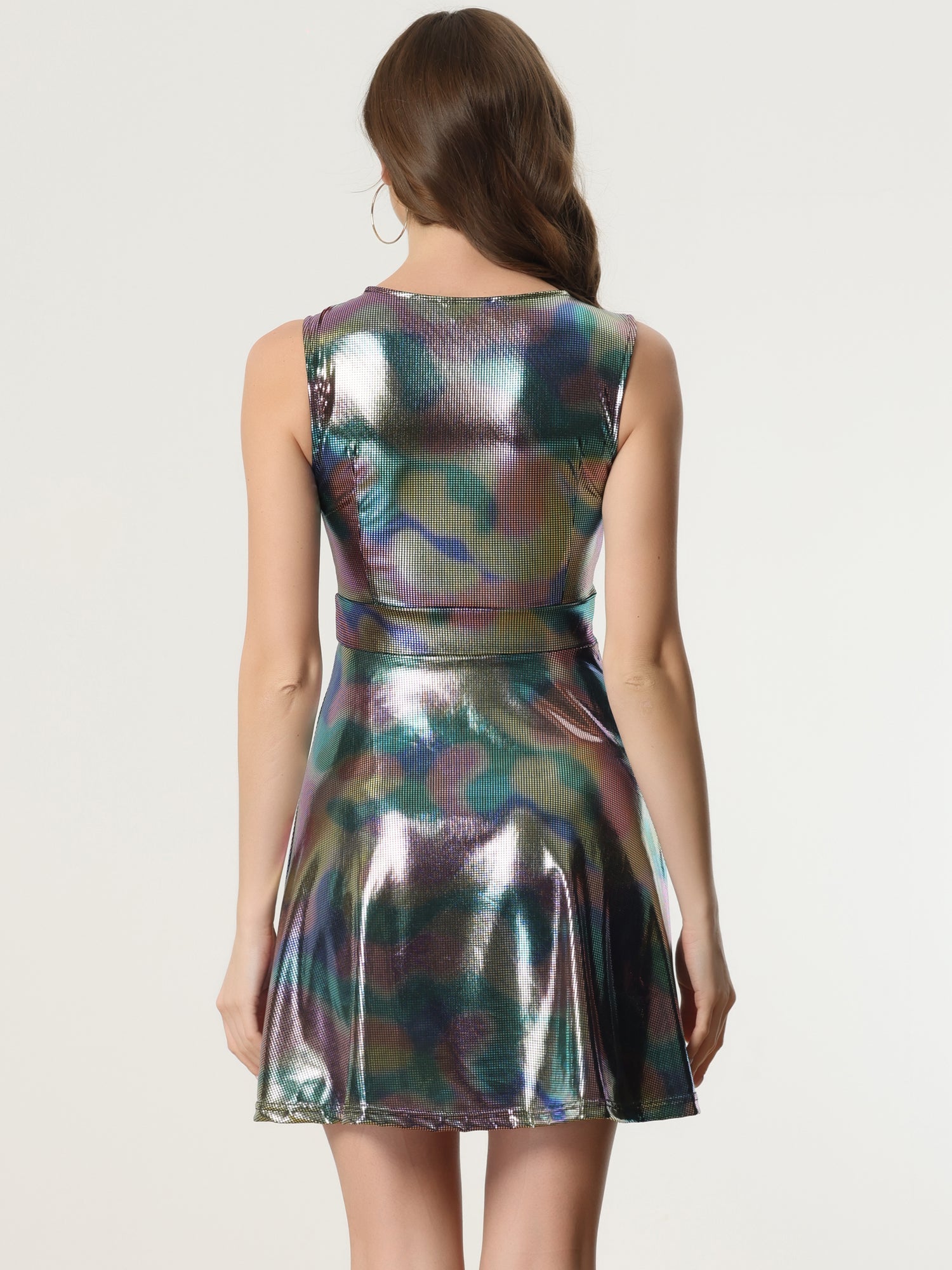 Sleeveless Metallic A-Line Club Party Holographic Mini Dress